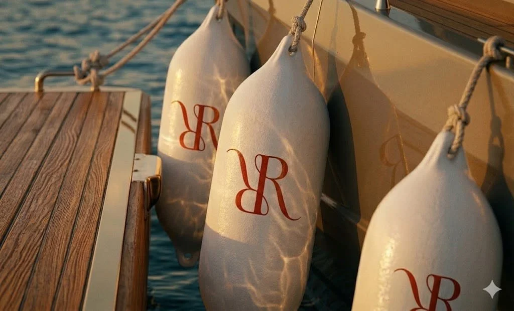 Close-up of white fenders with red monogram letters hanging on the side of a yacht, reflected on the water below, near a wooden dock during sunset.