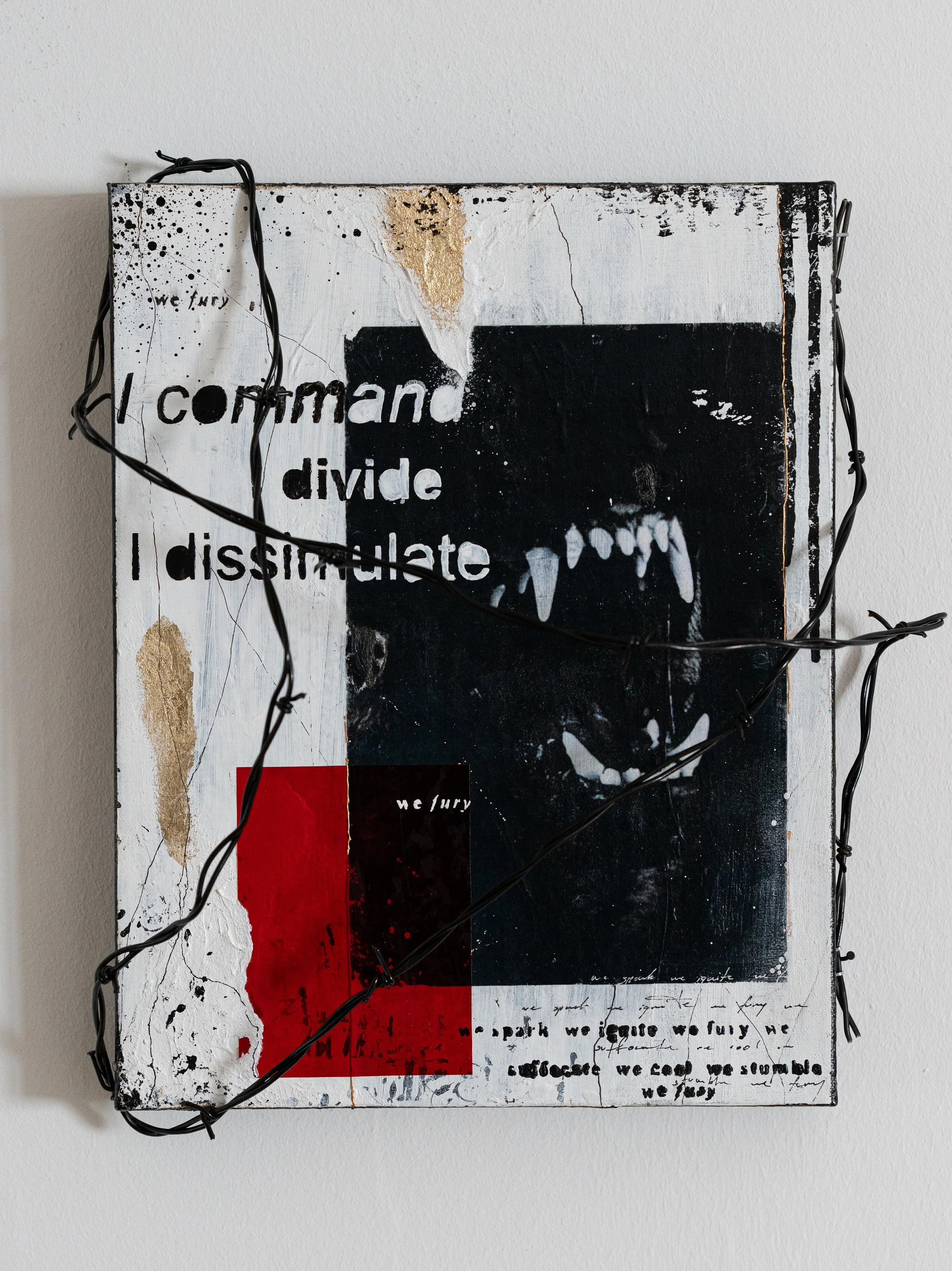 Mixed media art with a barking dog and canstantino wire on a canvas.