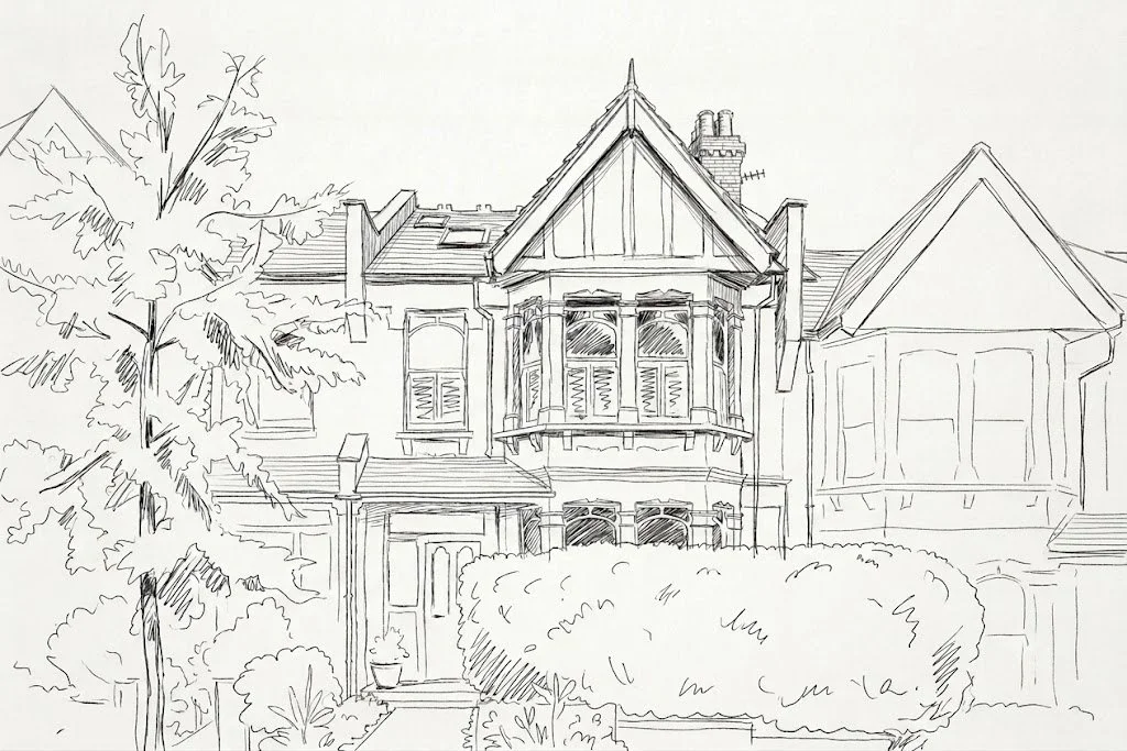 A line drawing of a Victorian-style house with a large bay window, front porch, gable roof, surrounded by trees and bushes.