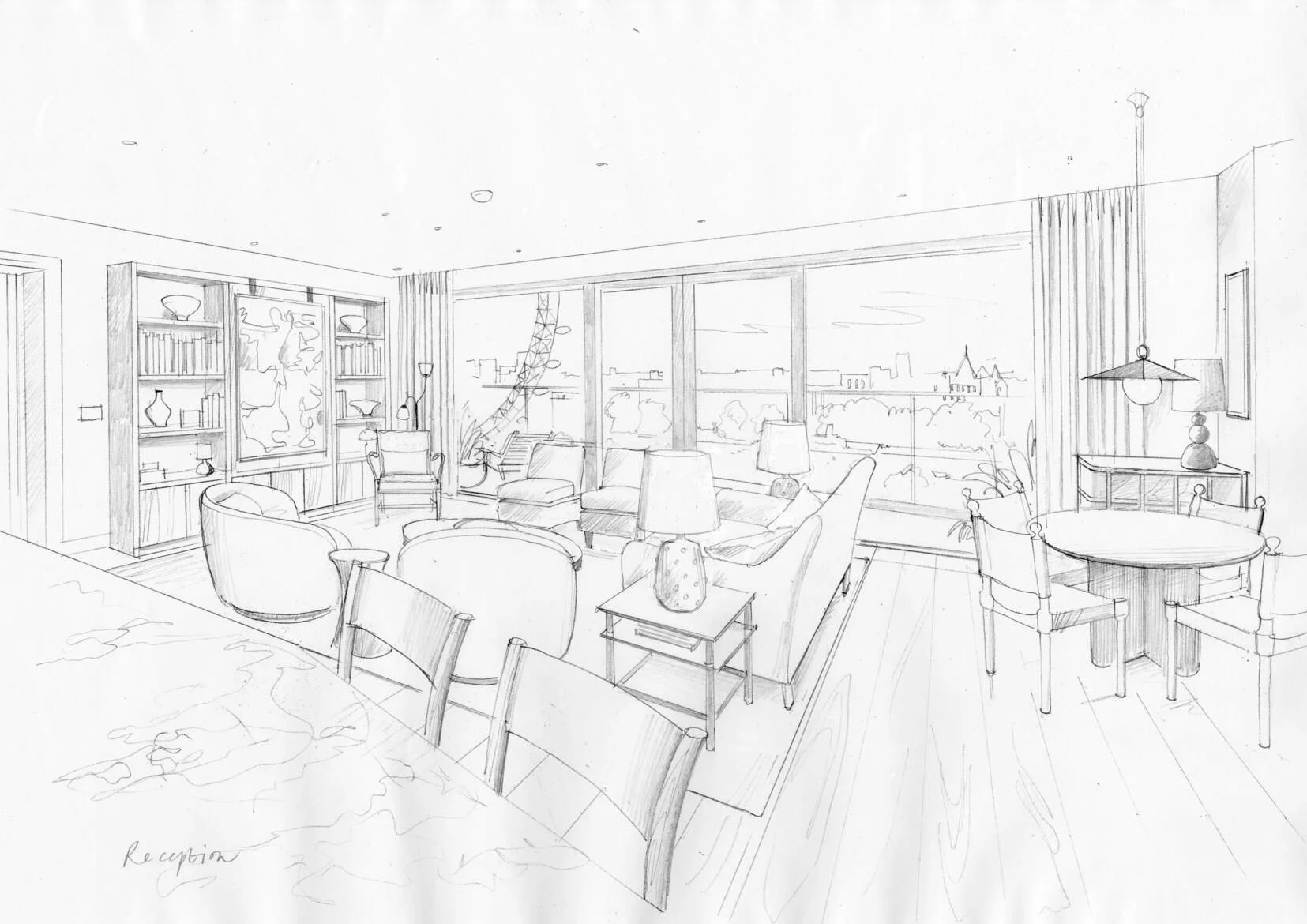 Sketch of a modern living room with sofa, chairs, lamp, bookshelf, and a round dining table near large windows with a cityscape view.