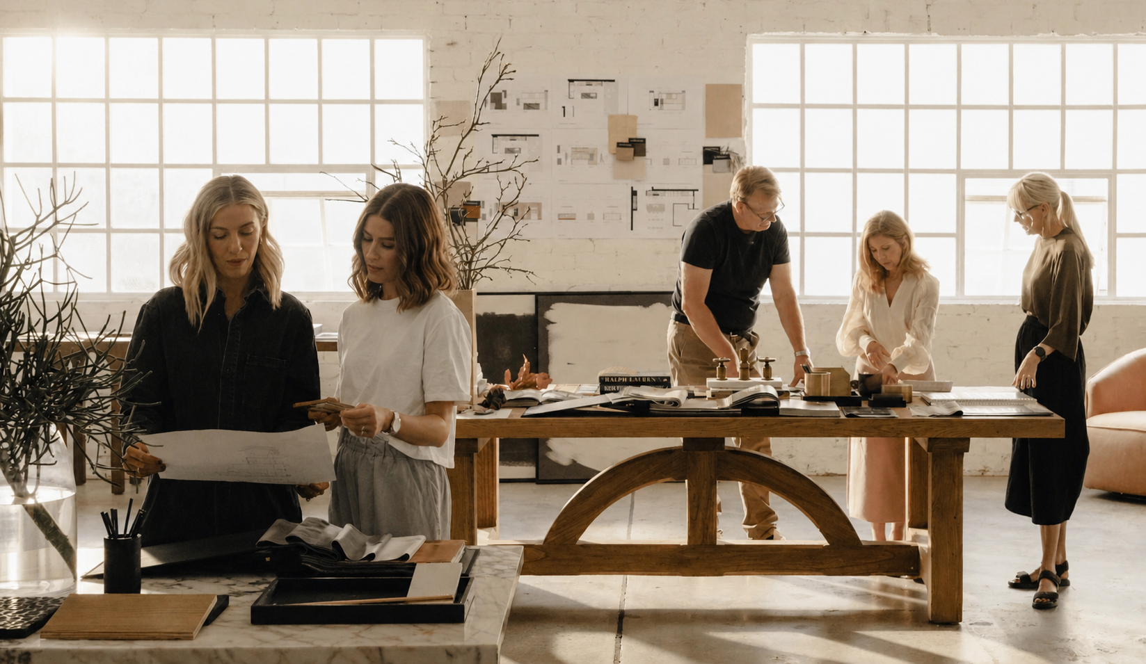 Group of five people working on design projects around a large wooden table in a bright, industrial-style studio with large windows, artwork, and plants.