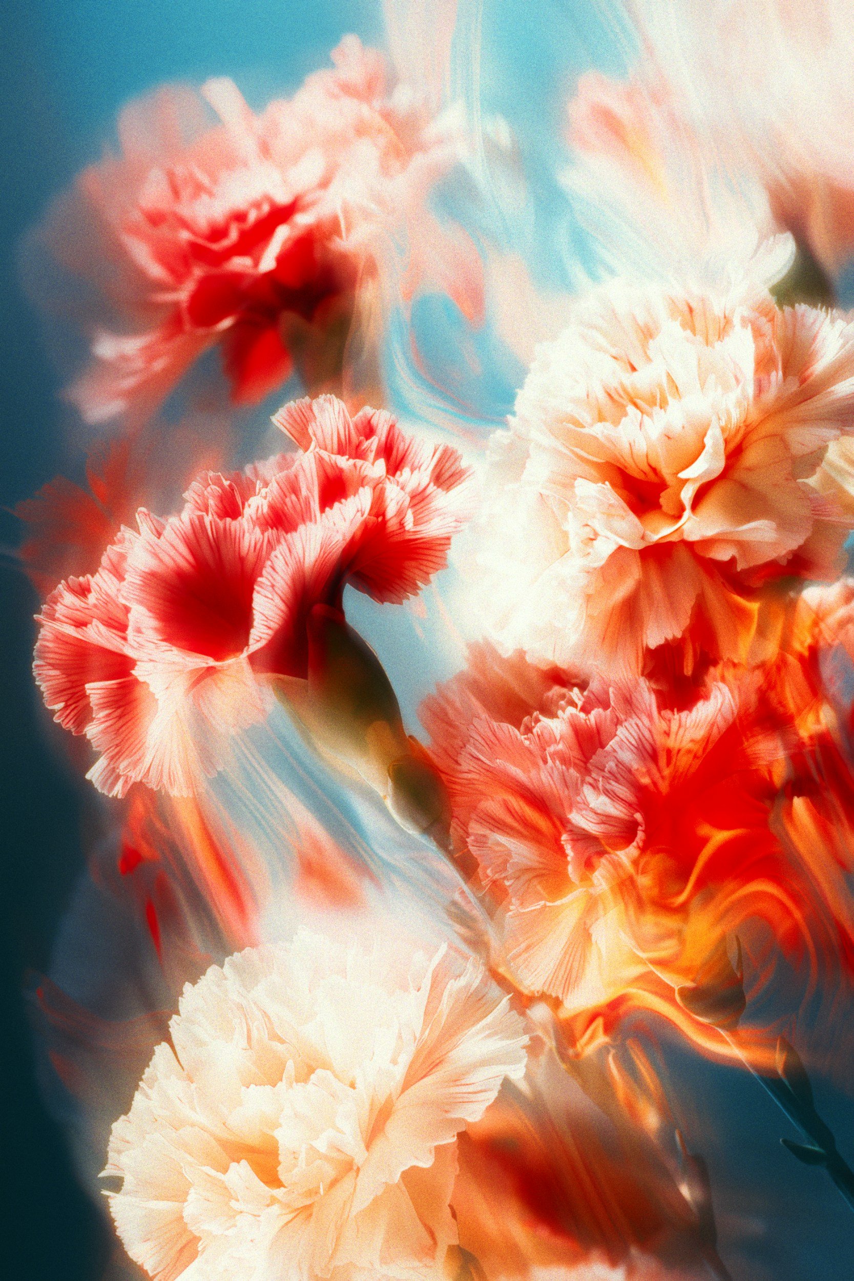 幻想的な色とりどりの花の写真。ピンクや白、青色の花びらが多く、柔らかい雰囲気を持つ。