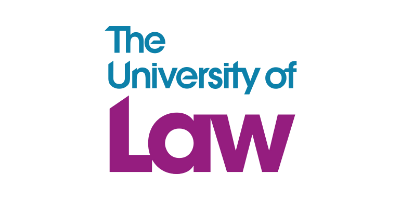 法学部のロゴ。青と紫の文字で『The University of Law』と書かれている