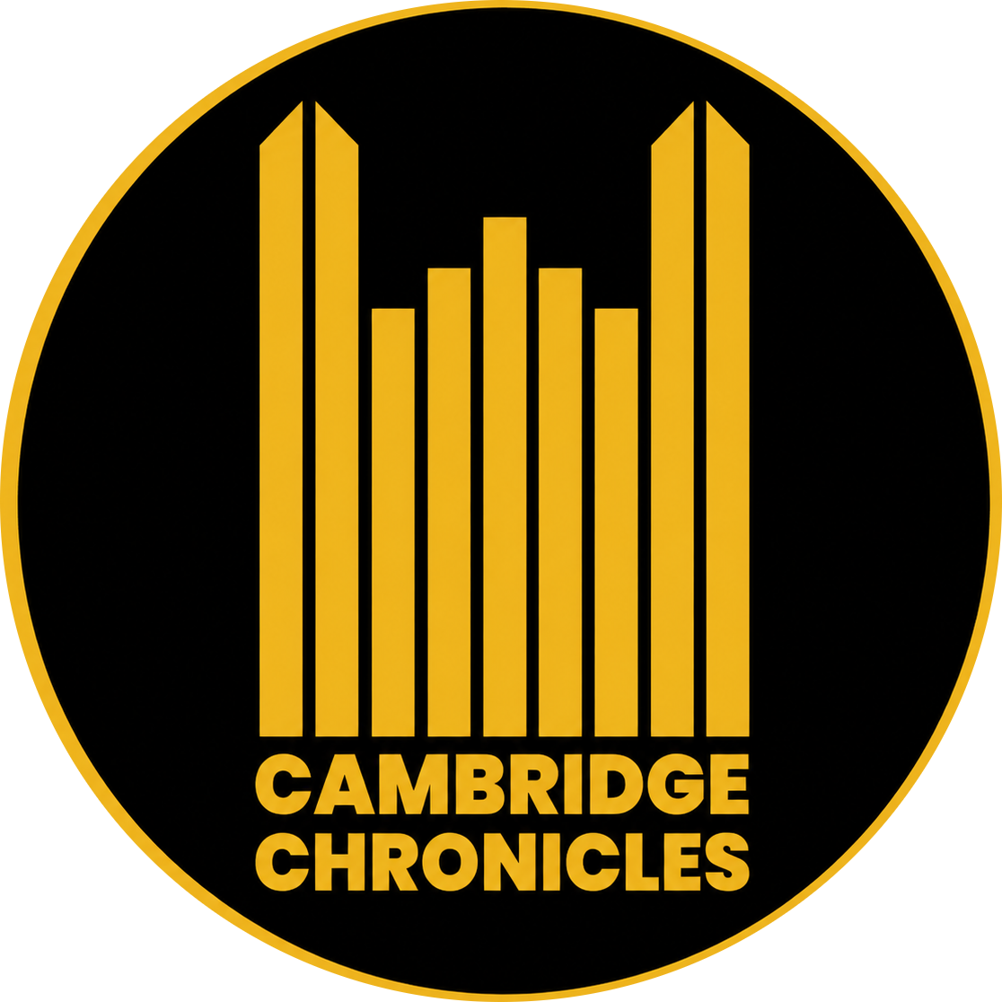Logo with black circle and yellow bar graph with 8 bars and the words "Cambridge Chronicles" underneath.