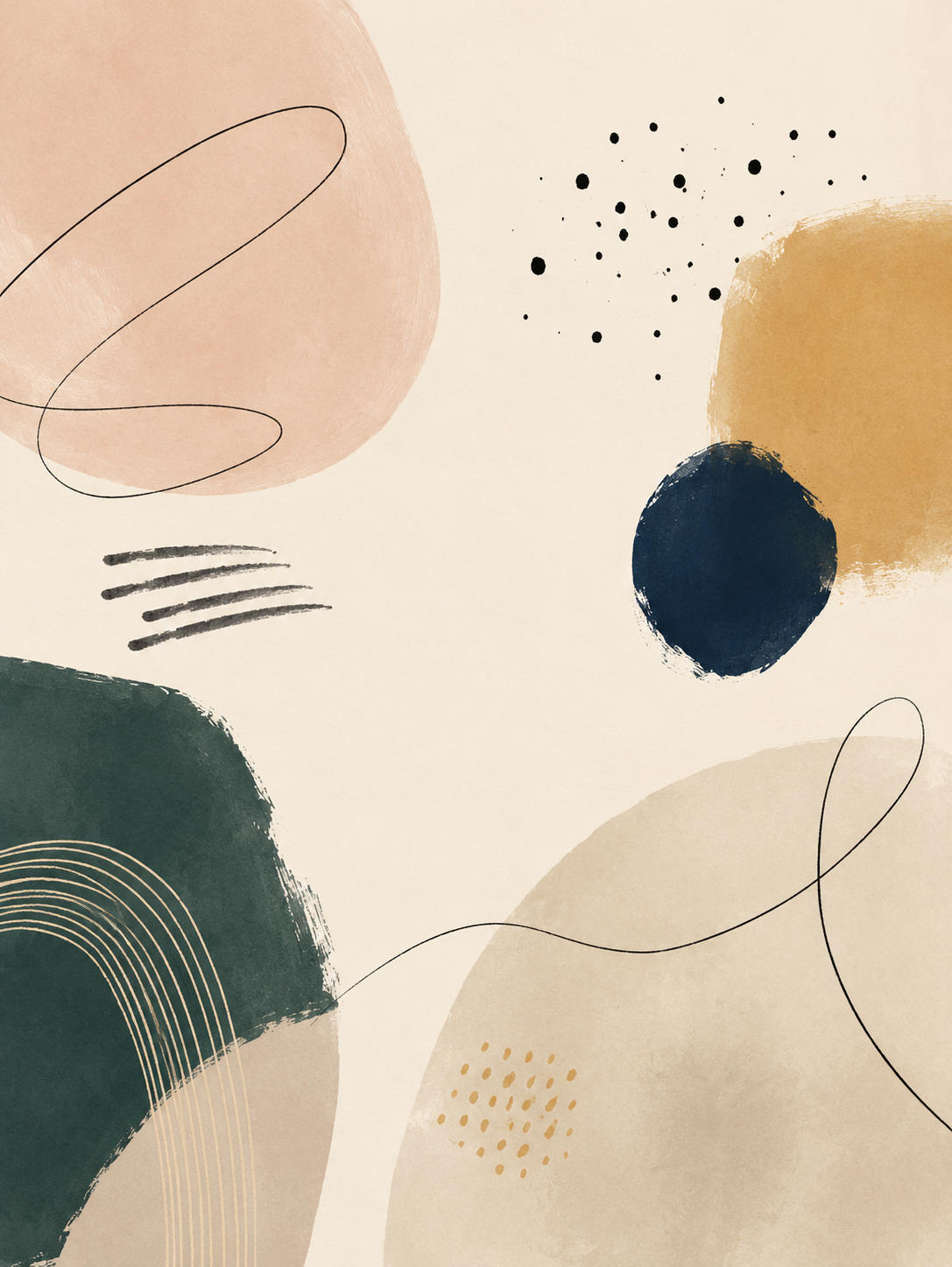 Abstract art with pastel-colored shapes, black dots, and scribbles on a beige background.