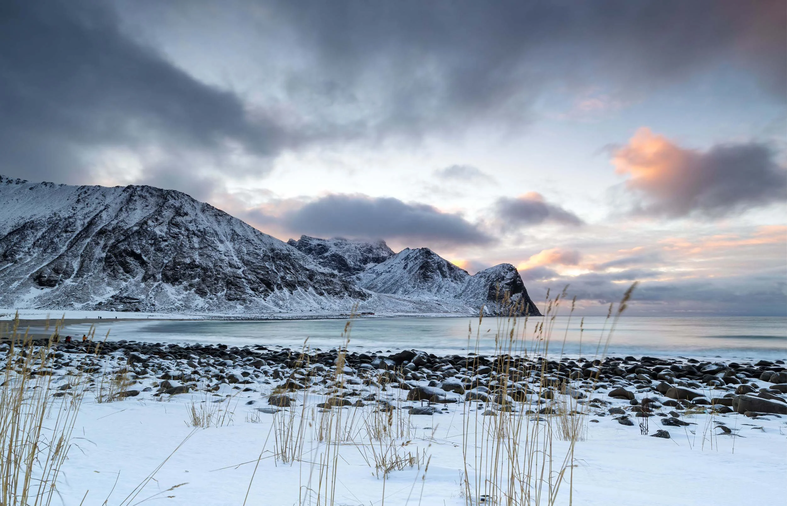 Midwinter at Unstad Arctic Surf beach, Lofoten Islands, Norway.