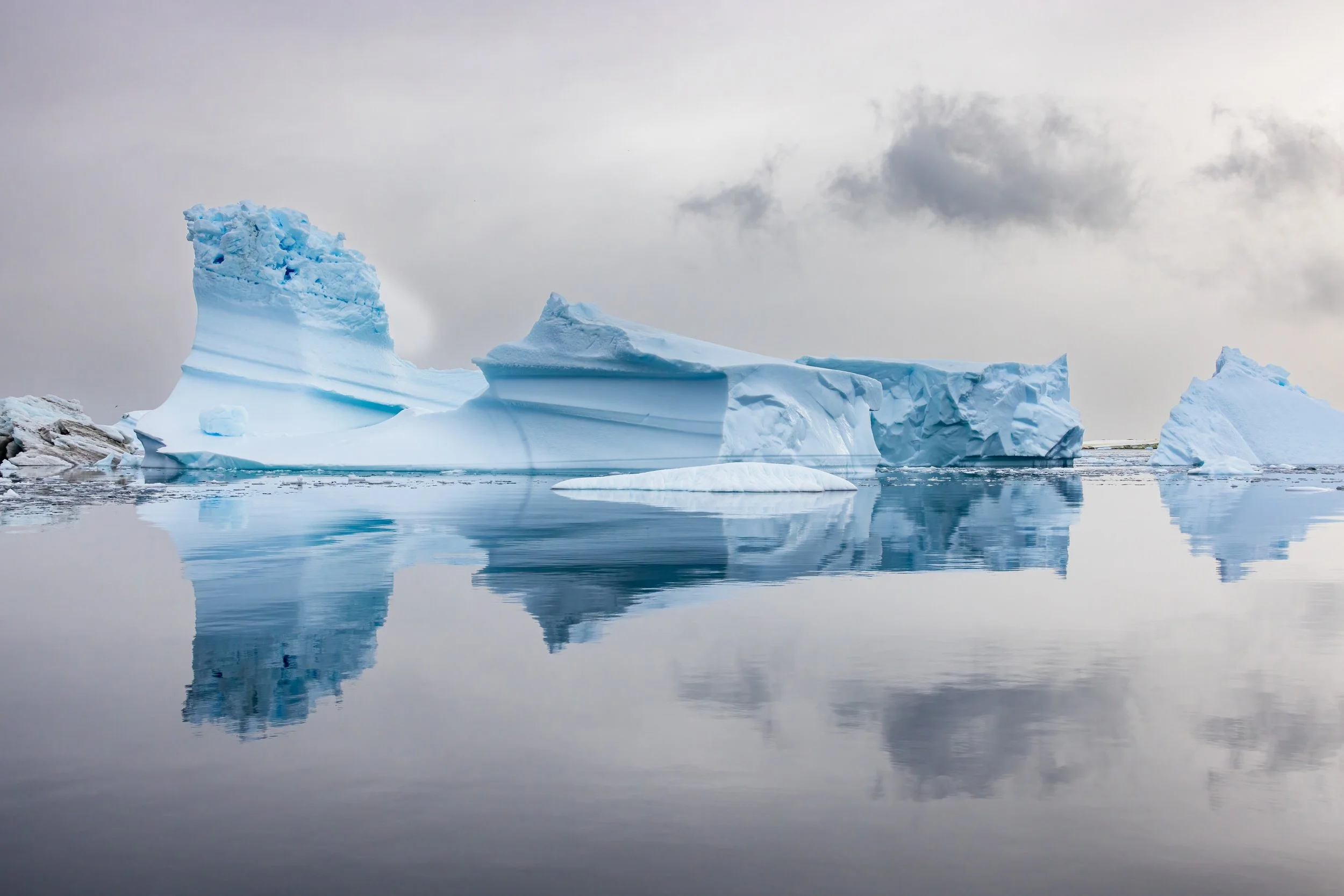Icebergs and reflections at Pleneau Island, Antarctic Peninsula.