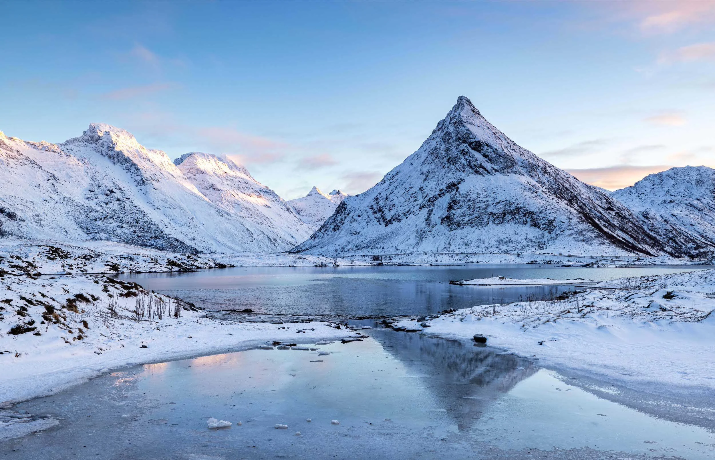 Icy reflections at Bouya, near the Fredvang bridges, Lofoten Islands, Norway.