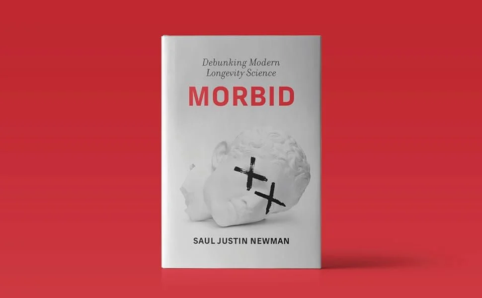 Book titled "Morbid" by Saul Justin Newman with a statue of a head, eyes crossed out with black X's, on a red background.