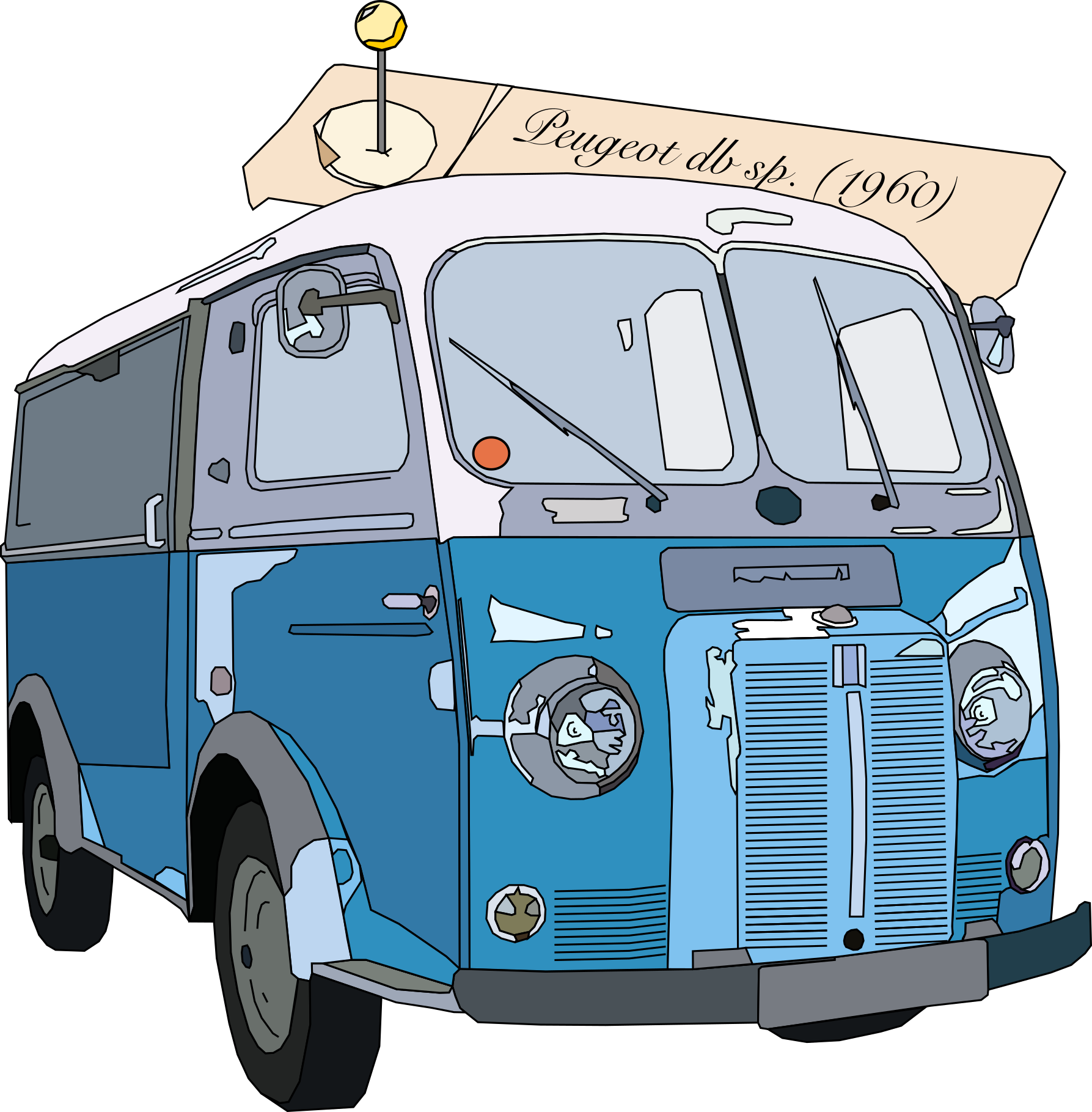 Illustration of a vintage Peugeot DL Sp. (1960) car with a blue body and visible front grille, headlights, windshield, and side mirrors.
