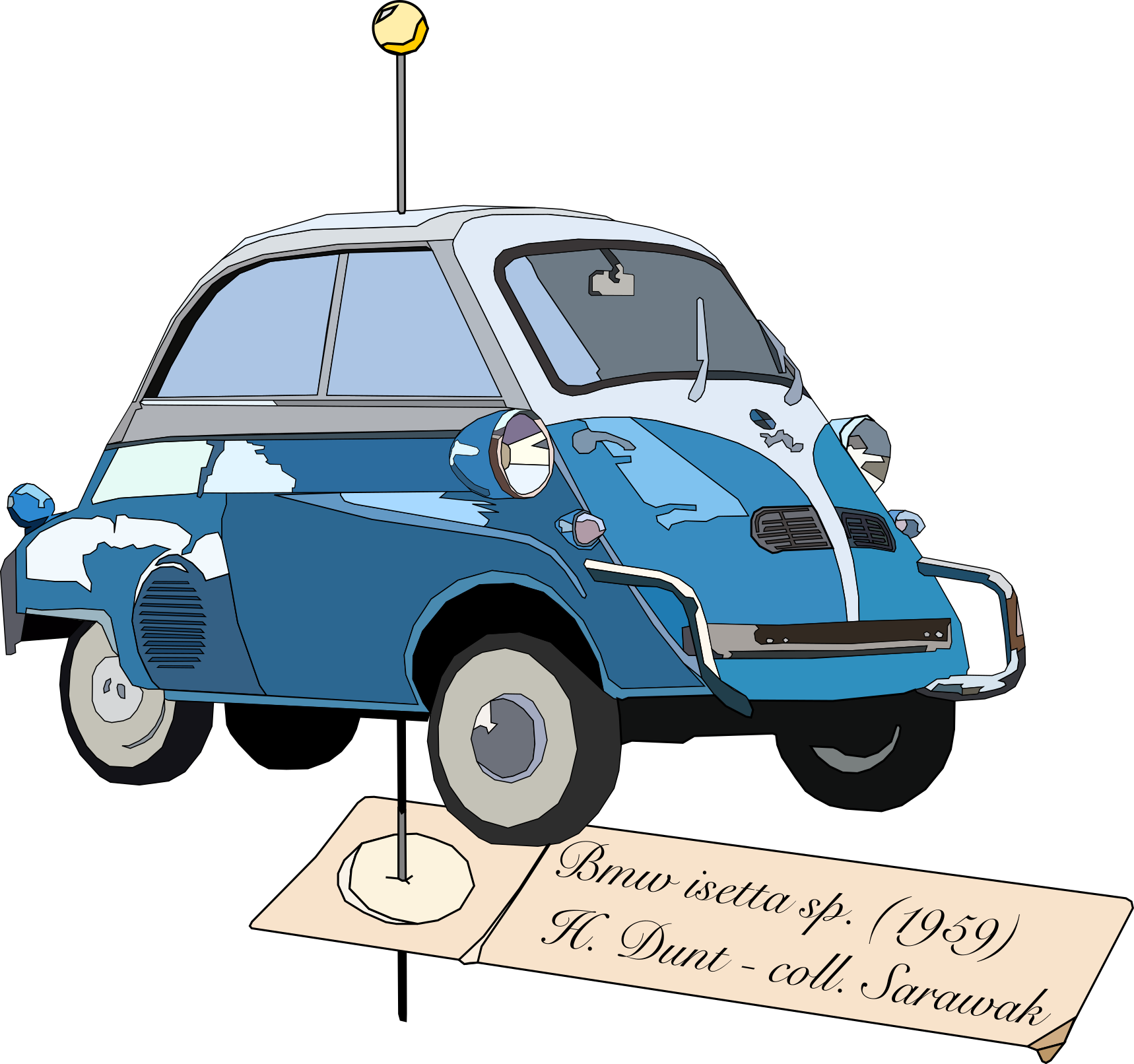 A model of a classic BMW Isetta microcar displayed on a stand with a plaque that reads 'Bmw isetta sp. (1959) H. Dunt - coll. Sarawak.' The car is blue with a white roof, and the display background is black.