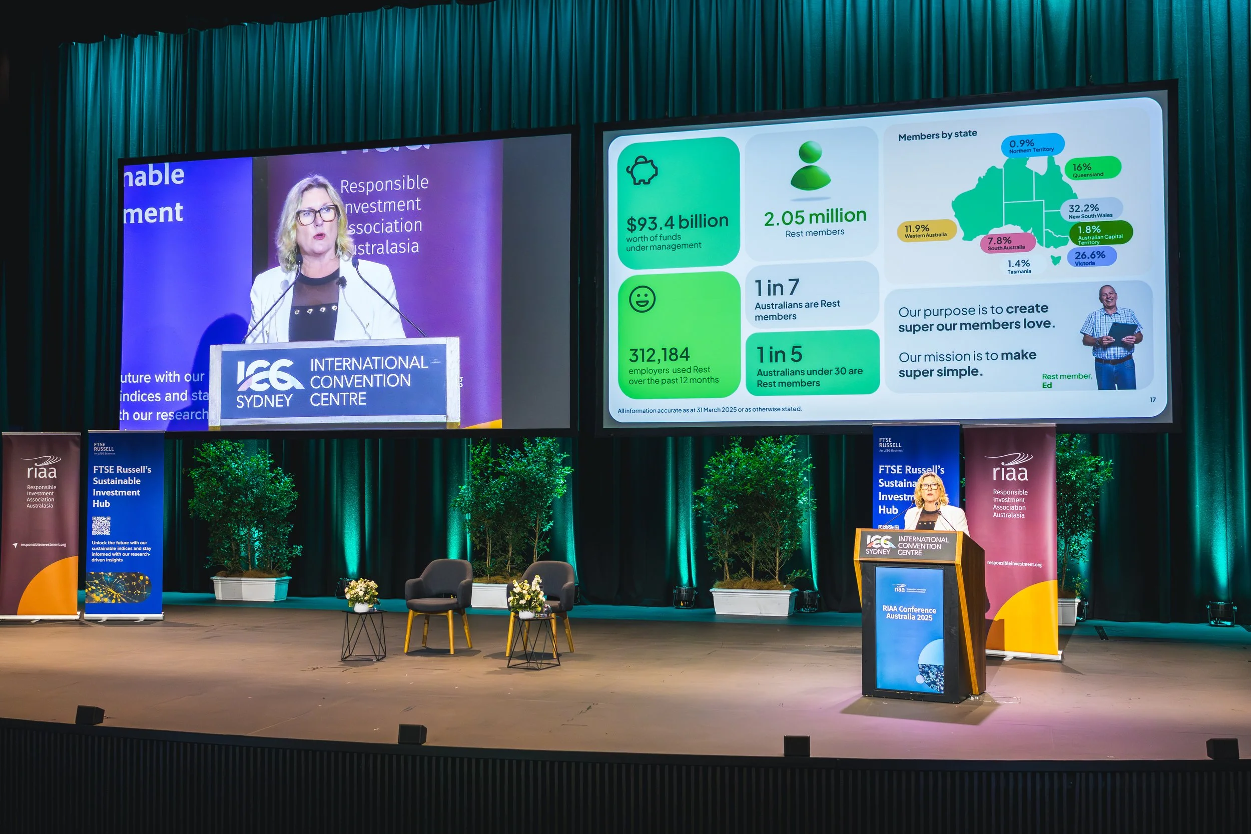 A woman speaking at a conference podium at the International Convention Centre in Sydney, with large screens behind her displaying presentation slides about investment statistics and a map of Australia.