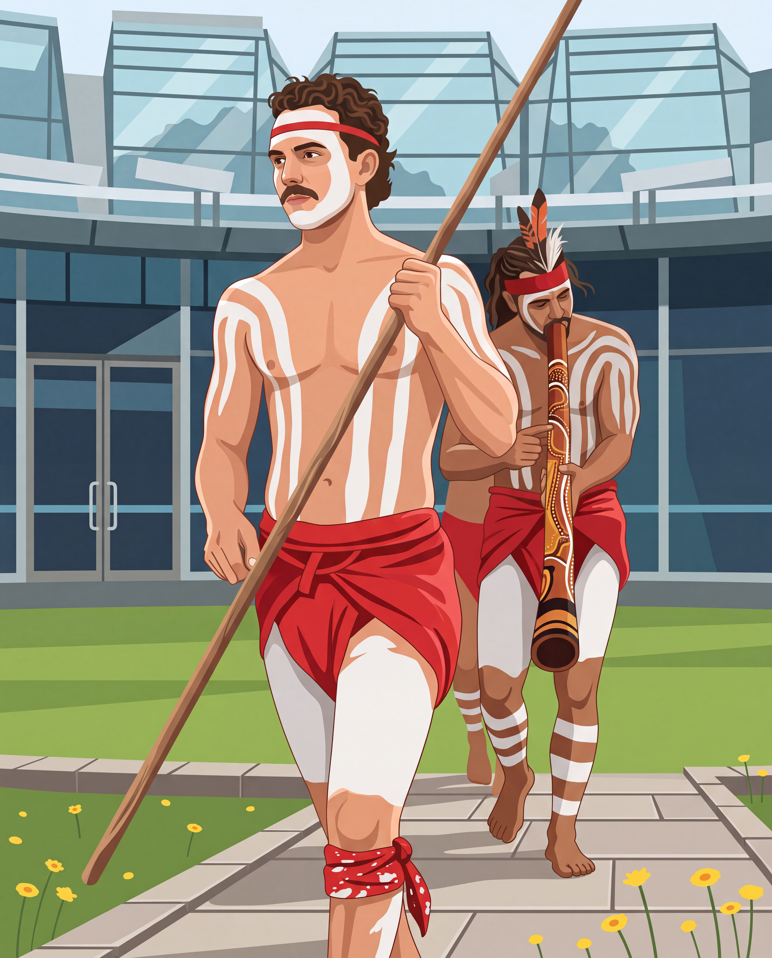 An AI illustration from an image of a welcome to country ceremony, taken at the Calyx in Sydney.