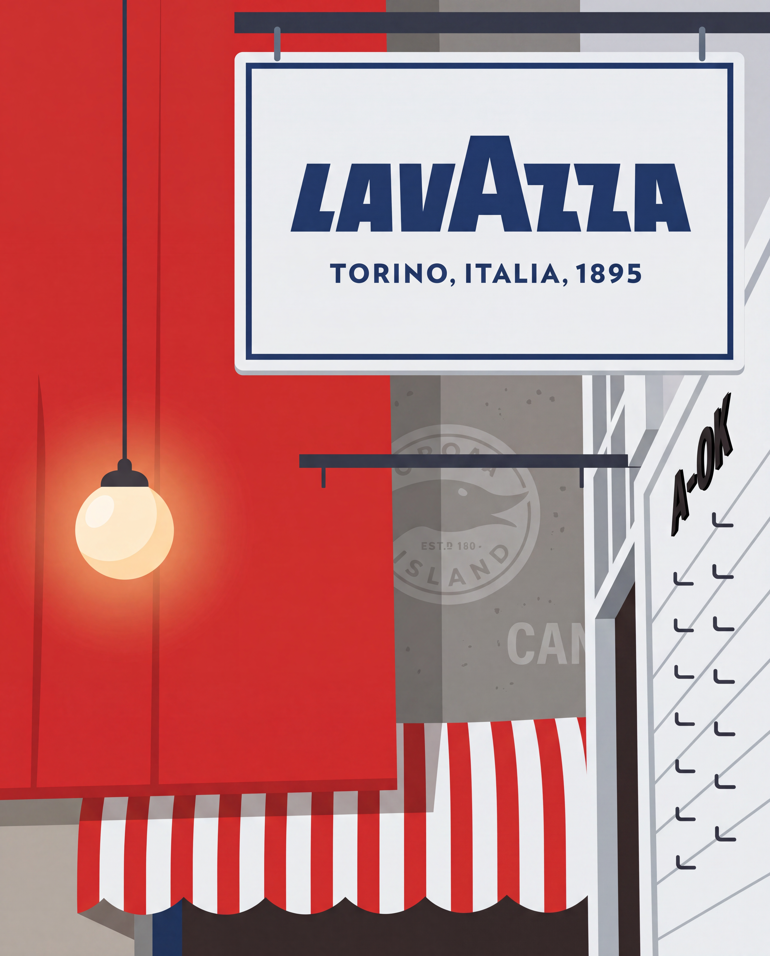 A sign hanging from a gray metal pole on a building. The sign reads 'LAVAZZA TORINO, ITALIA, 1895' in bold, dark blue letters.