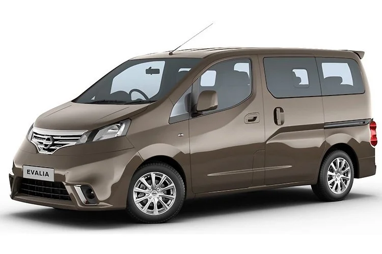 Taxi in Makry Gialos & Ierapetra - Brown Nissan Evalia minivan with sliding side doors, set against a white background.