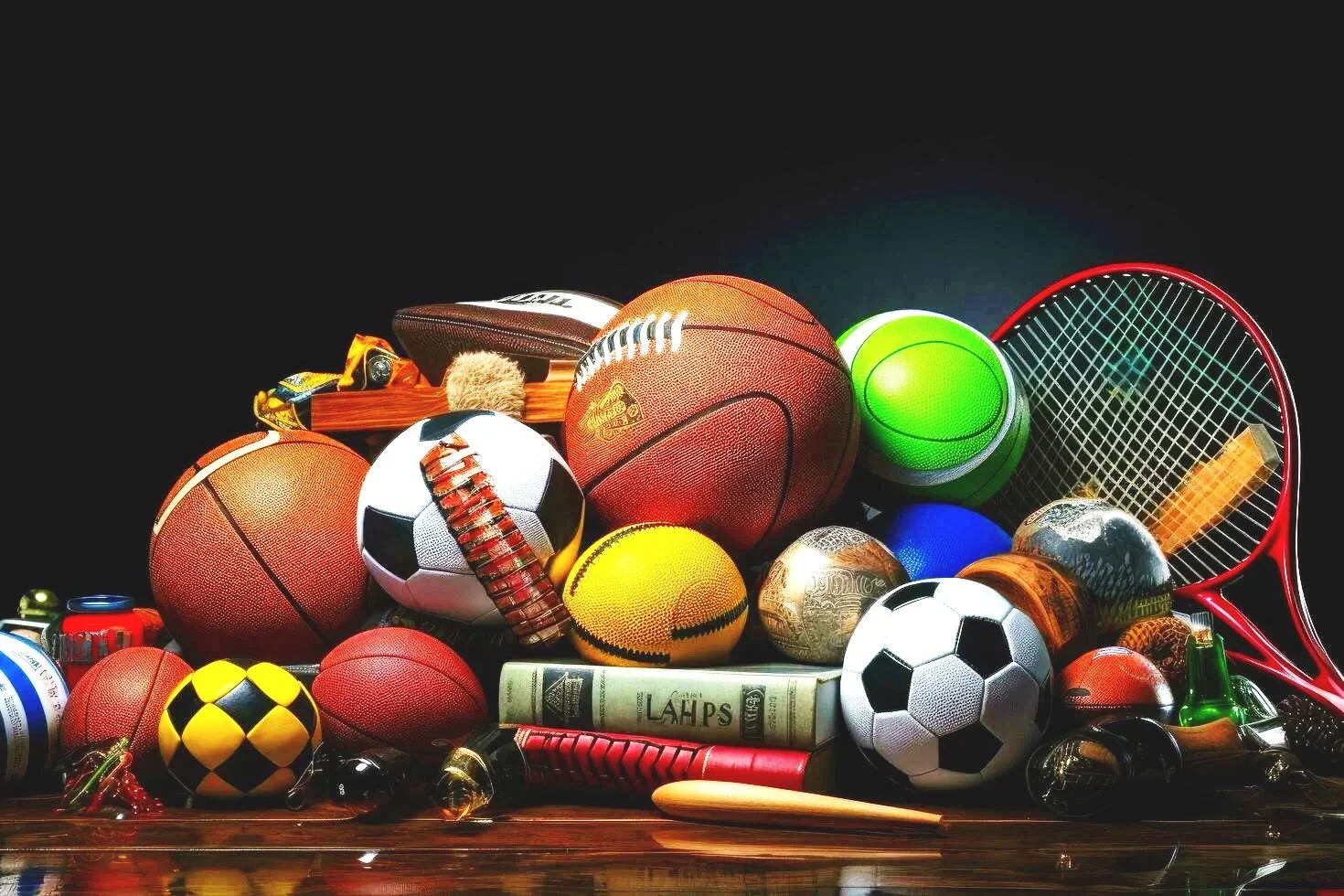 A collection of sports equipment, including American footballs, soccer ball, tennis racket, baseball, golf balls, and other sports gear, arranged on a wooden surface against a dark background.