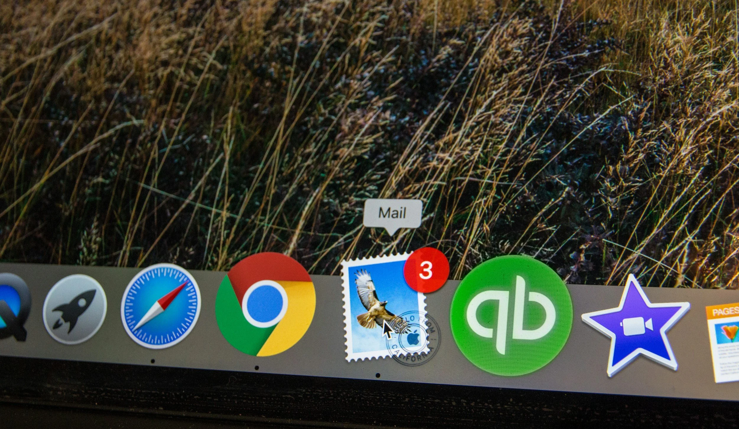 Computer screen showing sticker icons at the bottom, including a mail notification alert, above the icon banner on the screen is an image of a field.