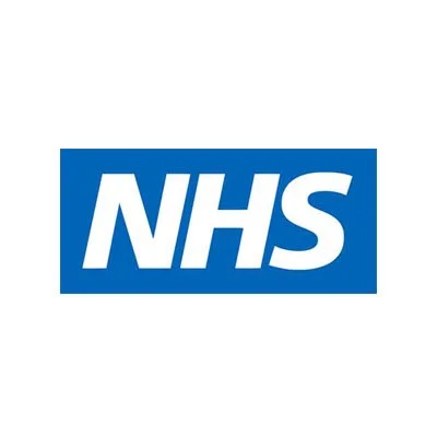 NHS logo with white letters on a blue background.