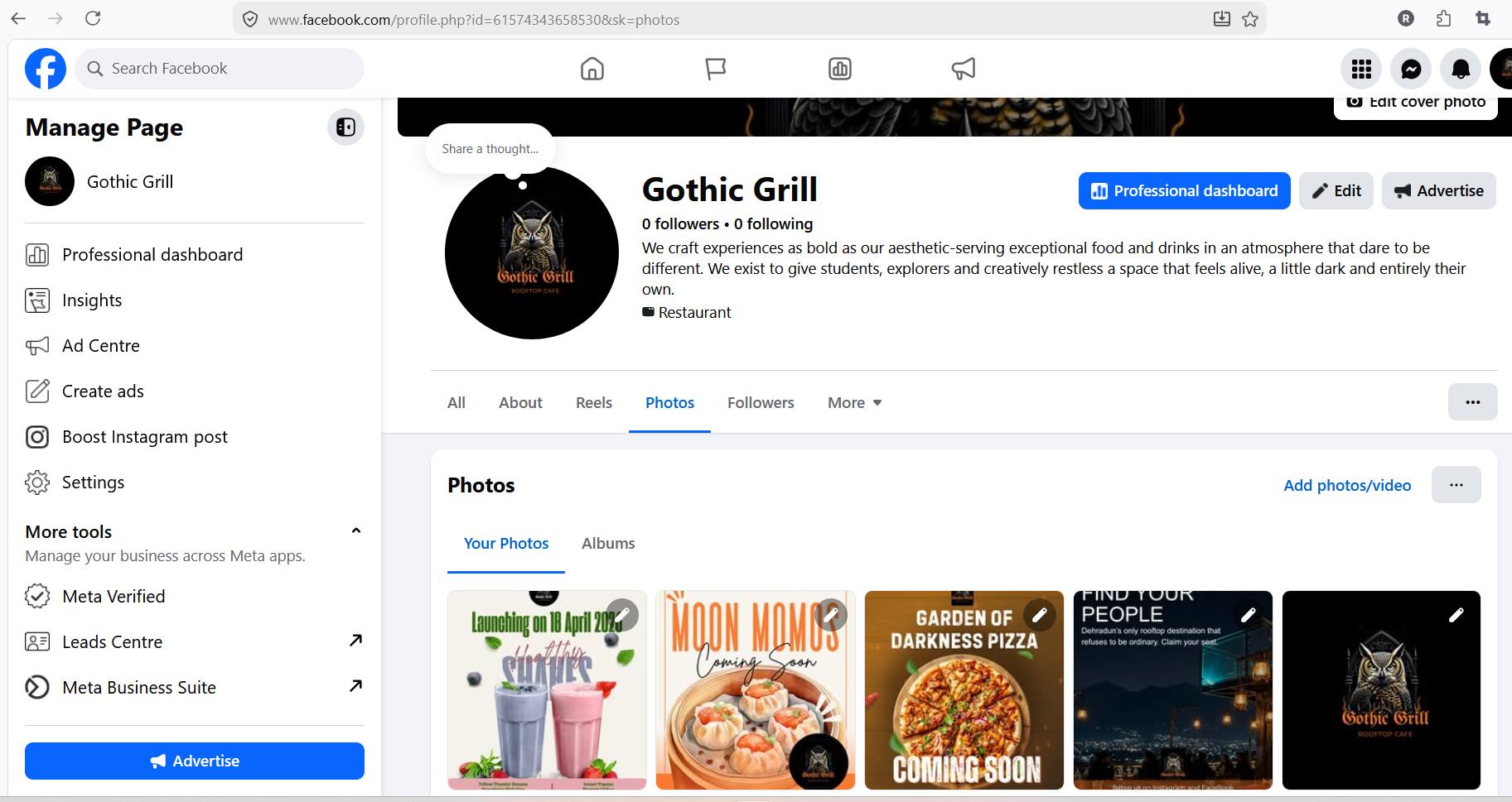 Facebook page created by Intermark Digital Agency for Gothic Grill, a rooftop restaurant with a black circular logo featuring an owl. The page includes sections for photos, followers, and tools.