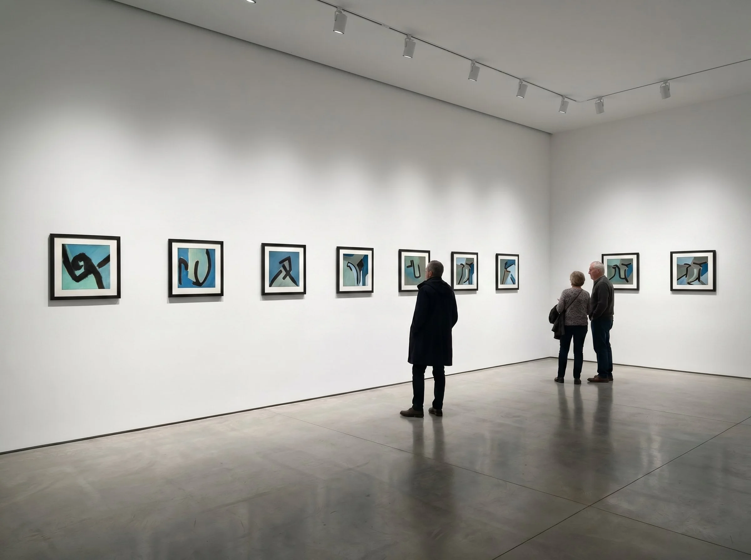 Une galerie d'art avec plusieurs tableaux abstraits accrochés à un mur blanc. Trois personnes regardent les œuvres, deux femmes et un homme. L'ambiance est calme et moderne, avec un éclairage dirigé sur les œuvres.