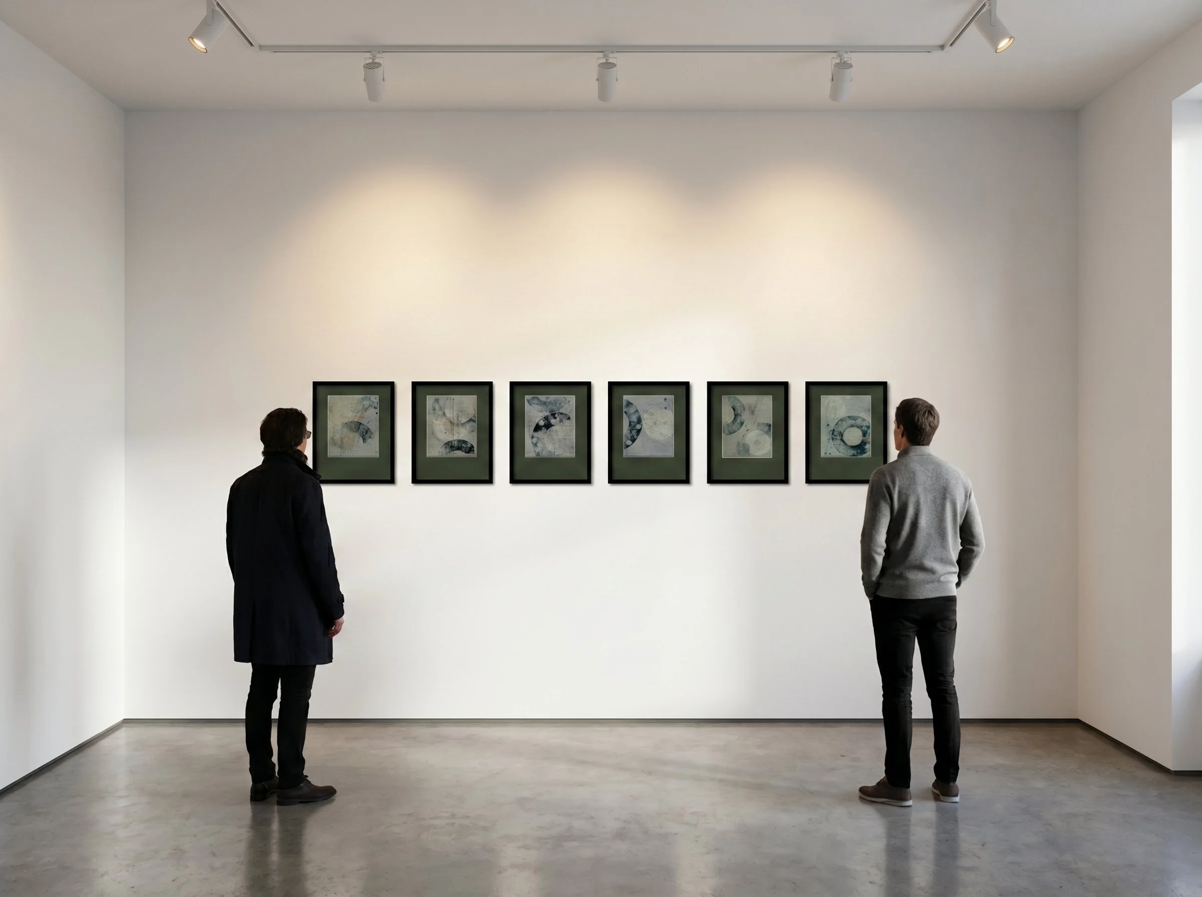 Deux personnes regardent une série d'œuvres d'art abstraites en noir et blanc dans une galerie d'art