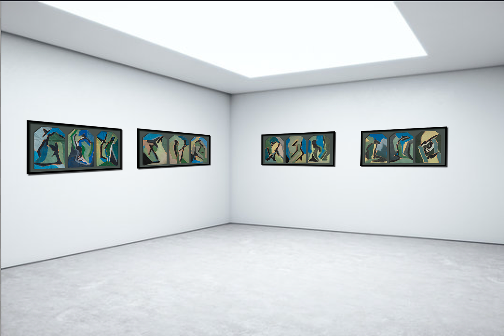 Une salle d'exposition avec quatre cadres présentant des peintures abstraites de figures en mouvement dans des styles modernes.