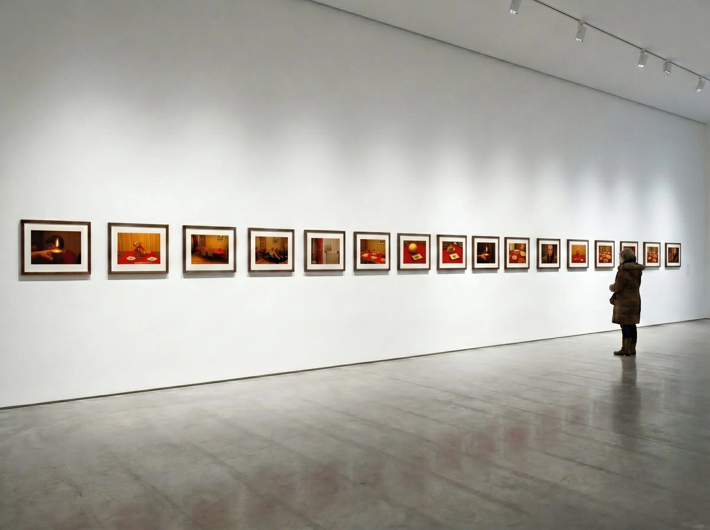 Une galerie d'art avec une rangée de photographies encadrées accrochées à un mur blanc. Deux personnes regardent les œuvres, une à gauche et une à droite de la photo.