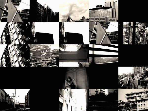 Collage de différentes images de bâtiments et de villes en noir et blanc avec une composition déstructurée.