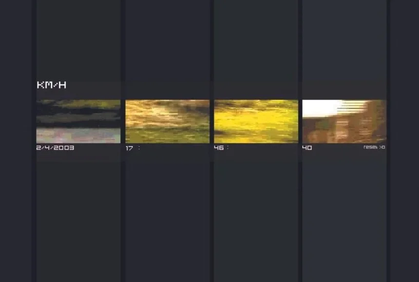 Capture d'écran de l'affichage d'une vidéo avec des images floues, un compteur de temps et des indications de vitesse en km/h.
