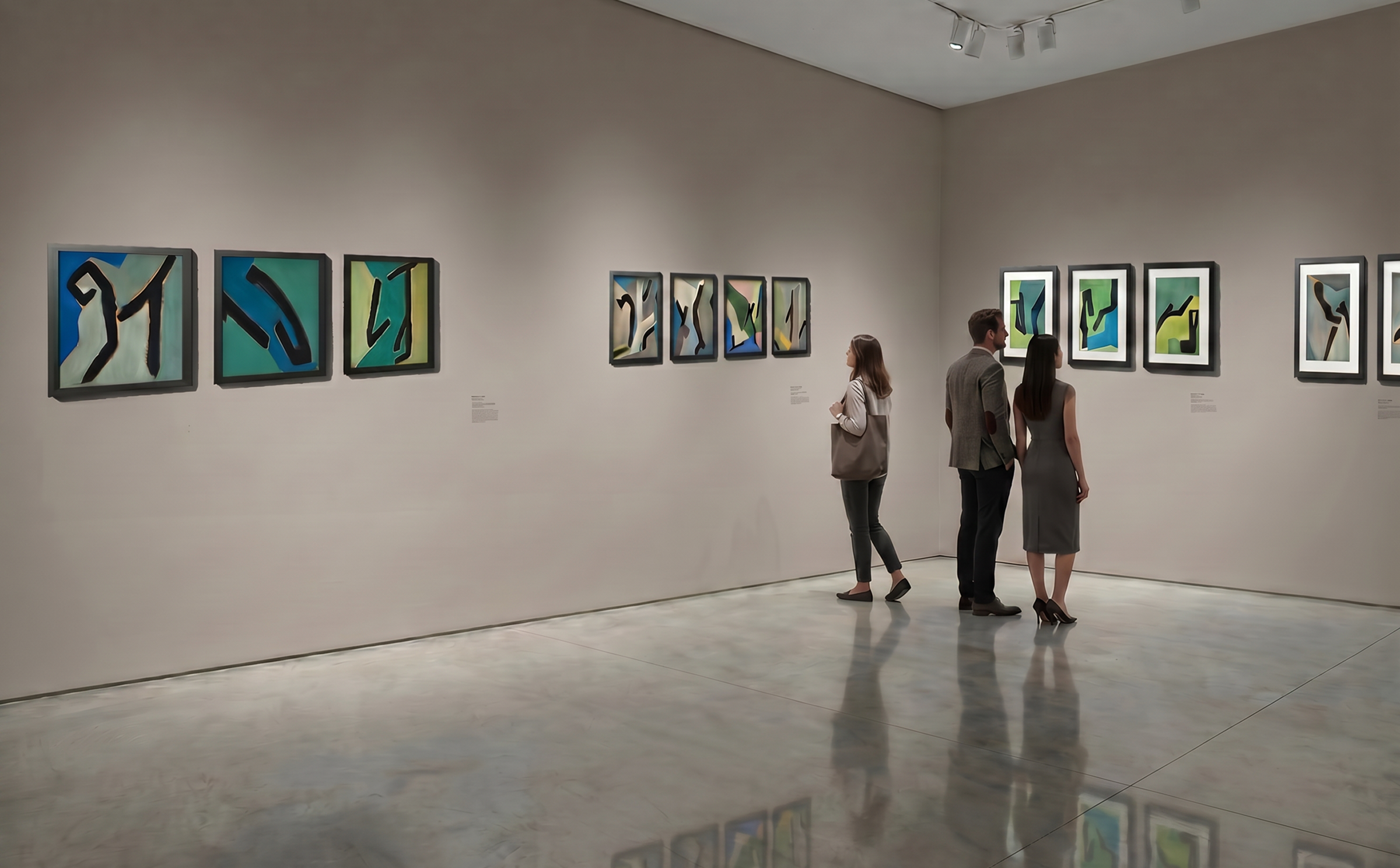 Trois personnes regardent des œuvres d'art abstraites dans une galerie d'art, les œuvres sont encadrées et utilisent des couleurs vives et des formes organiques.