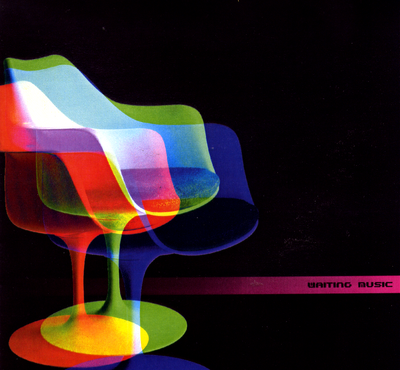 Un graphique abstrait de formes colorées en verre ou en plastique sur un fond noir, avec le texte "Waiting Music" en bas à droite.