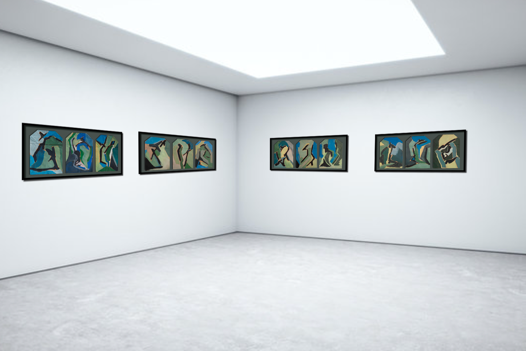 Une galerie d'art blanc avec des œuvres abstraites colorées encadrées accrochées aux murs.
