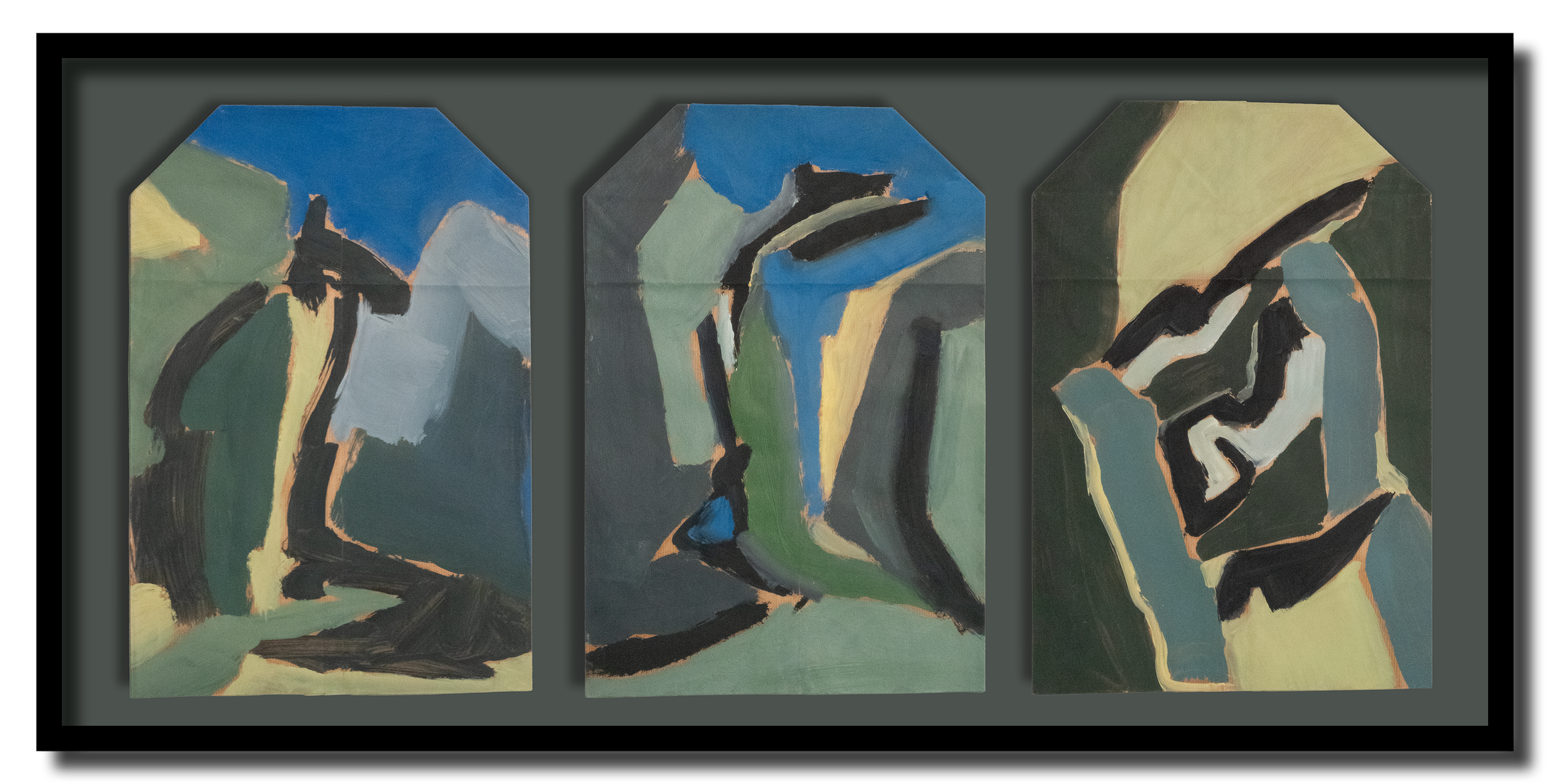 Trois panneaux abstraits avec des formes et des couleurs vives, comprenant du bleu, du vert, du beige et du noir.