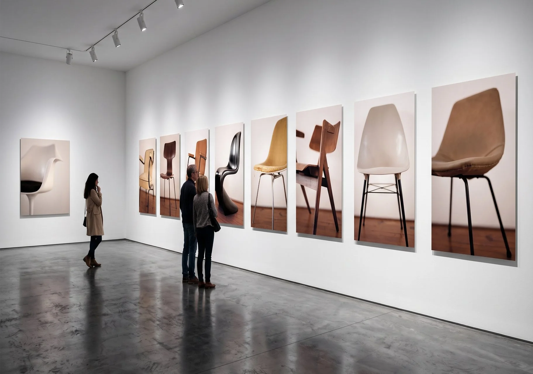 Une exposition d'art avec plusieurs tableaux représentant des chaises en bois et en cuir, avec trois personnes observant les œuvres dans une galerie aux murs blancs et sol en béton