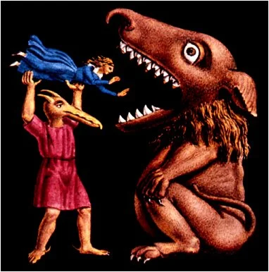 Une marionnette avec un long nez, une femme qui tient une marionnette de dinosaure. Un grand dinosaure en peluche avec de grands yeux et des dents pointues.
