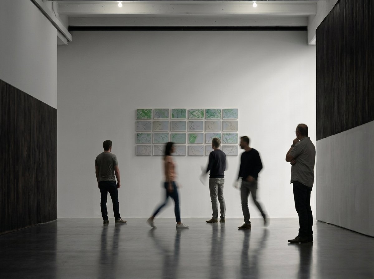 Un groupe de personnes dans une galerie d'art regardant une exposition vidéo ou interactive sur un mur blanc, avec des images ou des dessins en petits cadres.