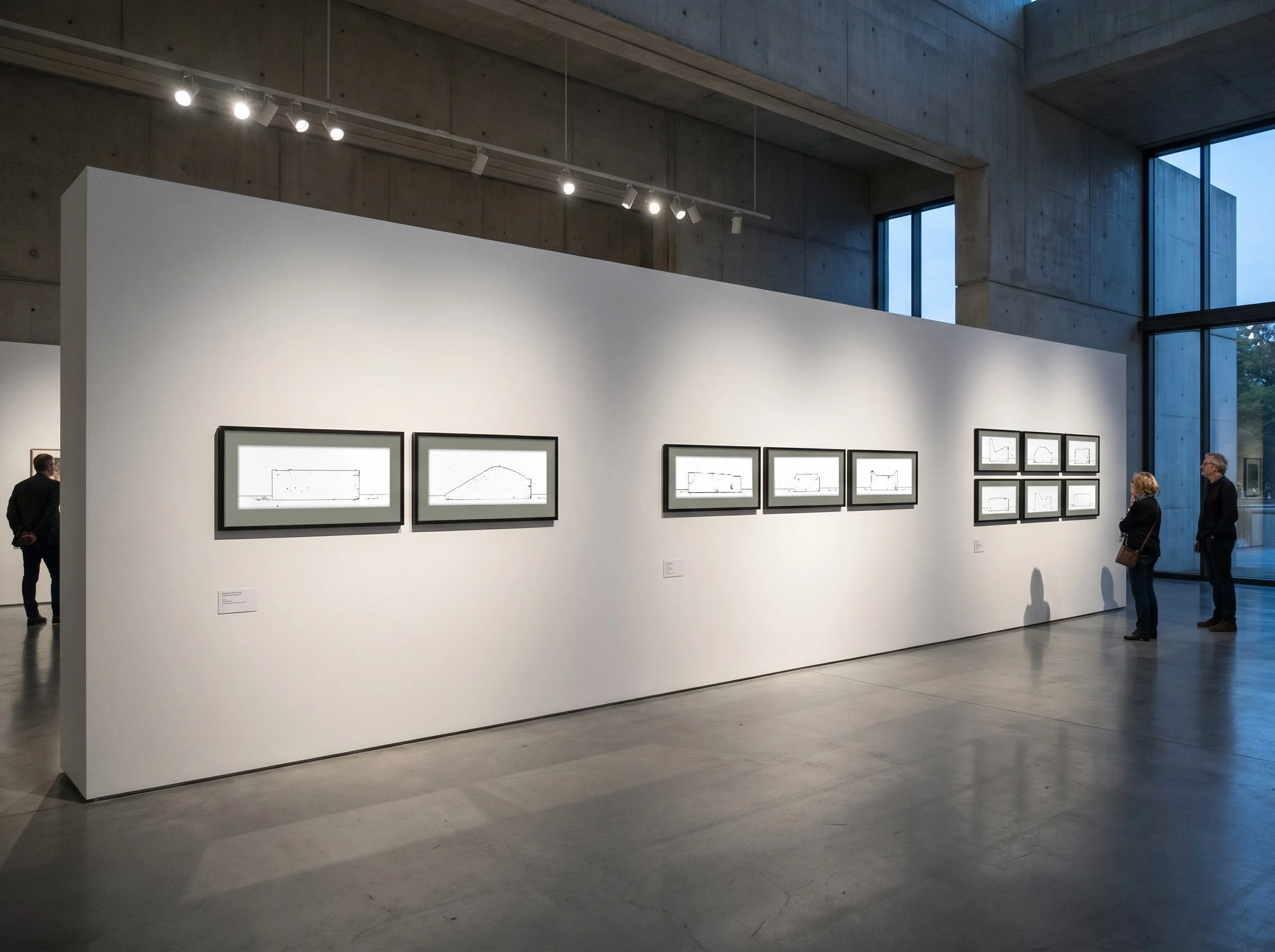 Une galerie d'art moderne avec des œuvres en noir et blanc encadrées accrochées à un mur blanc. Quatre personnes regardent les œuvres, deux hommes et deux femmes.
