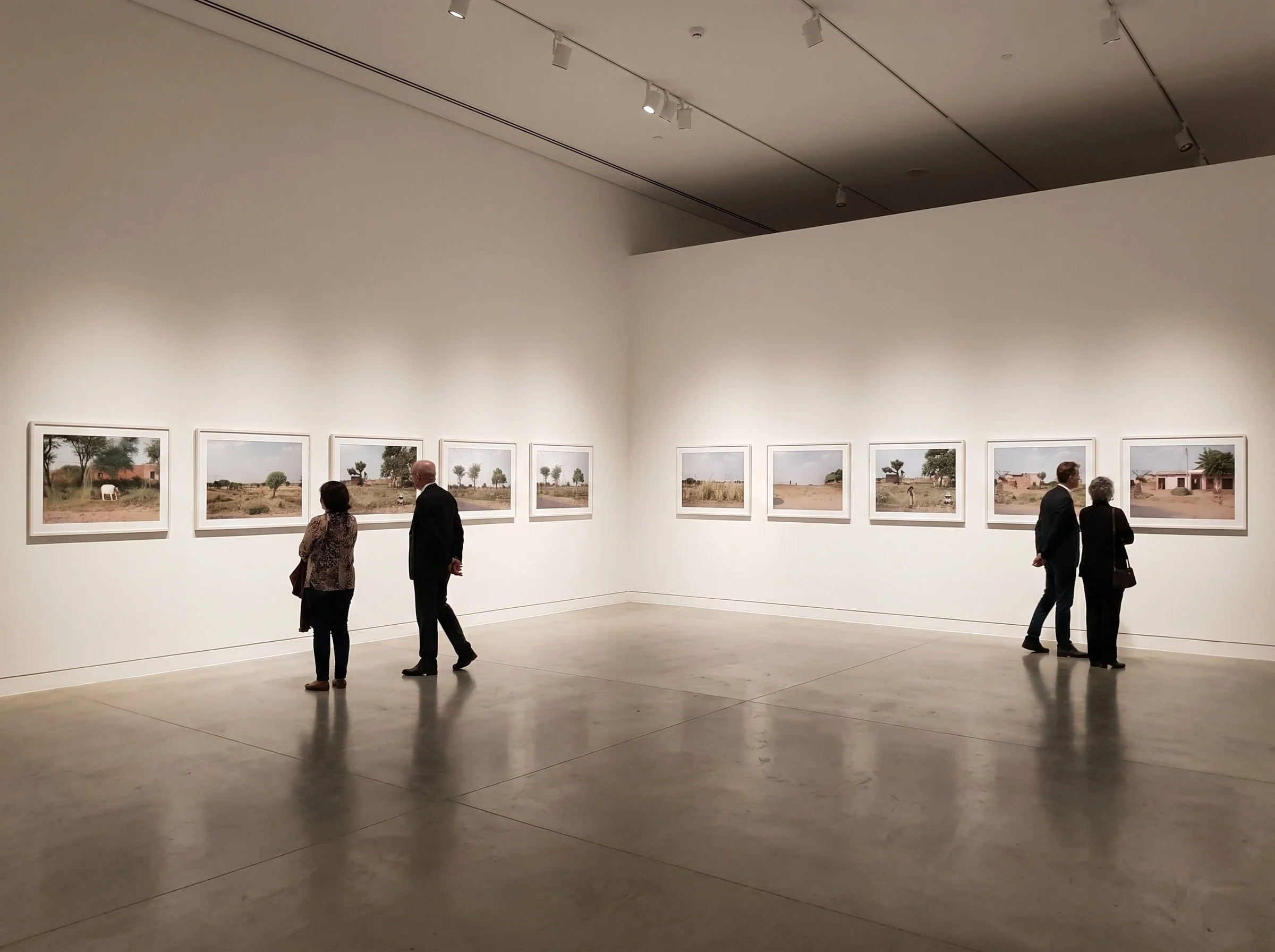 Une galerie d'art avec des photographies de paysages africains accrochées au mur. Quelques personnes discutent et regardent les œuvres.