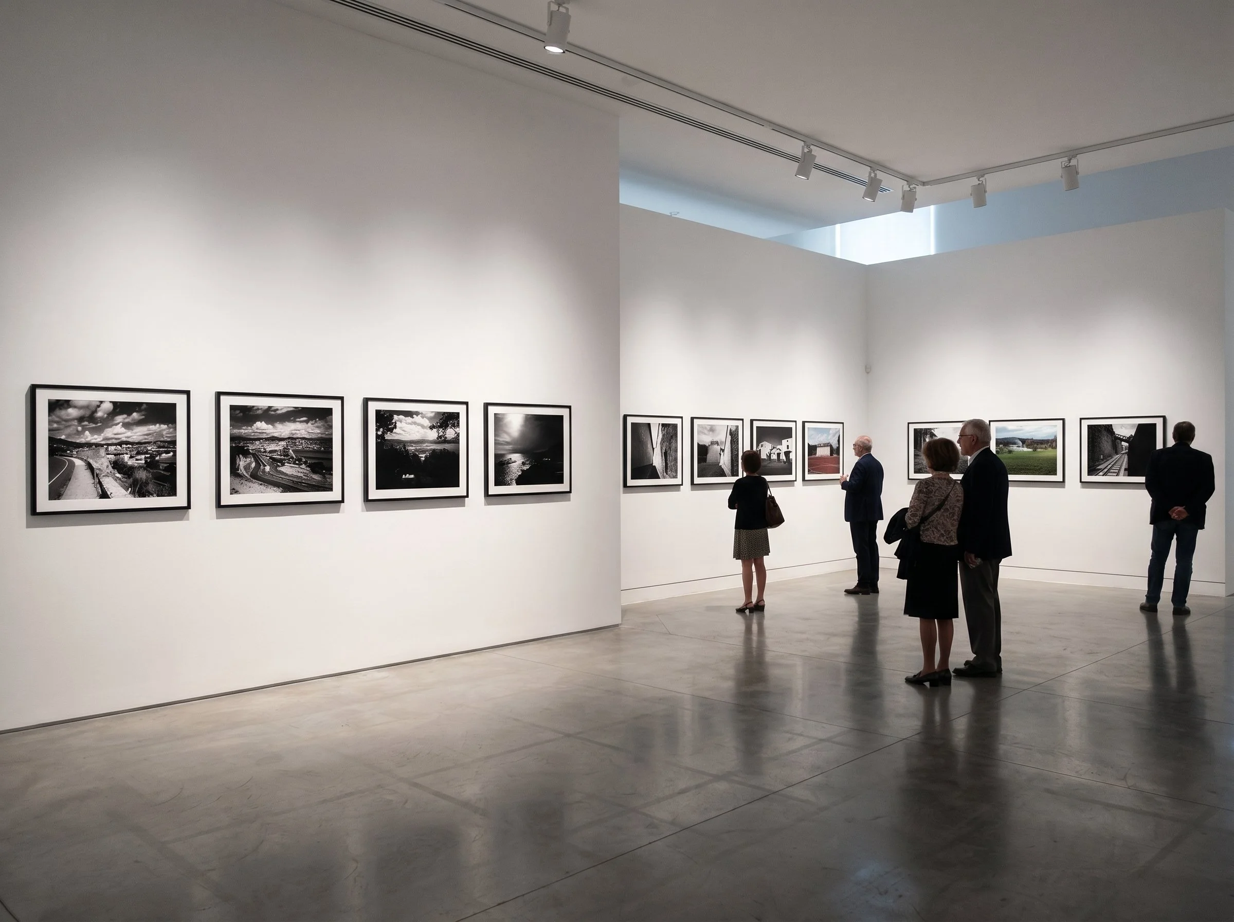 Une galerie d'art avec des photos en noir et blanc accrochées au mur. Plusieurs personnes regardant les œuvres dans un espace moderne avec un plafond blanc et un éclairage directionnel.