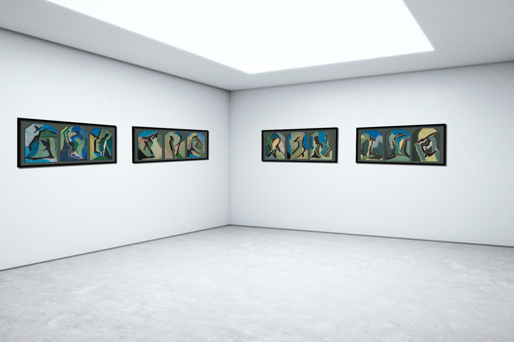 Quatre séries de peintures abstraites colorées dans une galerie d'art, encadrées en noir, exposées sur des murs blancs.