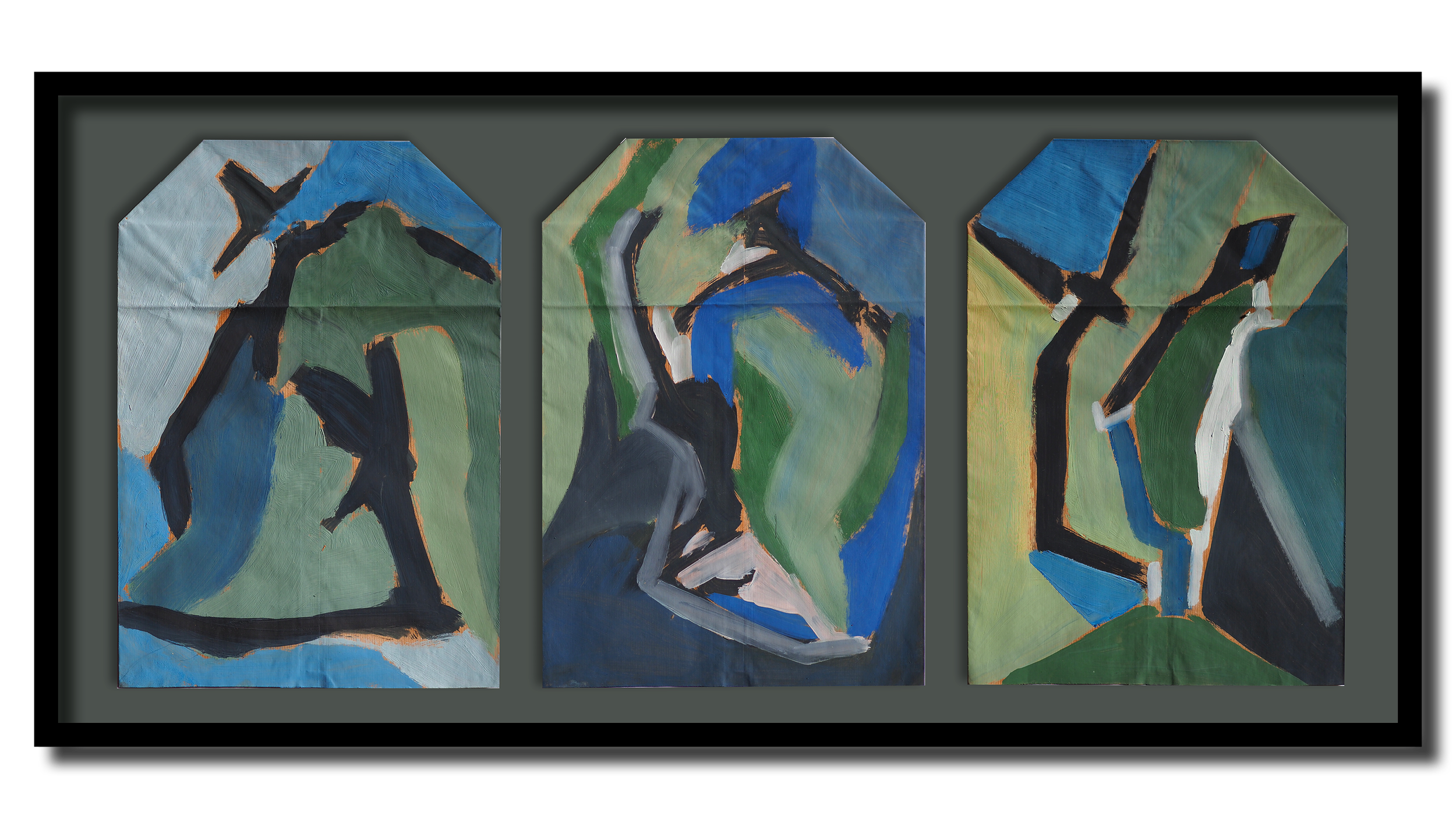 Triptyque abstrait avec des formes noires, vertes, bleues, blanches et orange, peint à l'huile sur toile