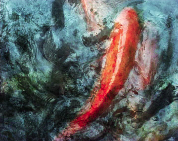 Une peinture d'un poisson rouge nageant dans l'eau.