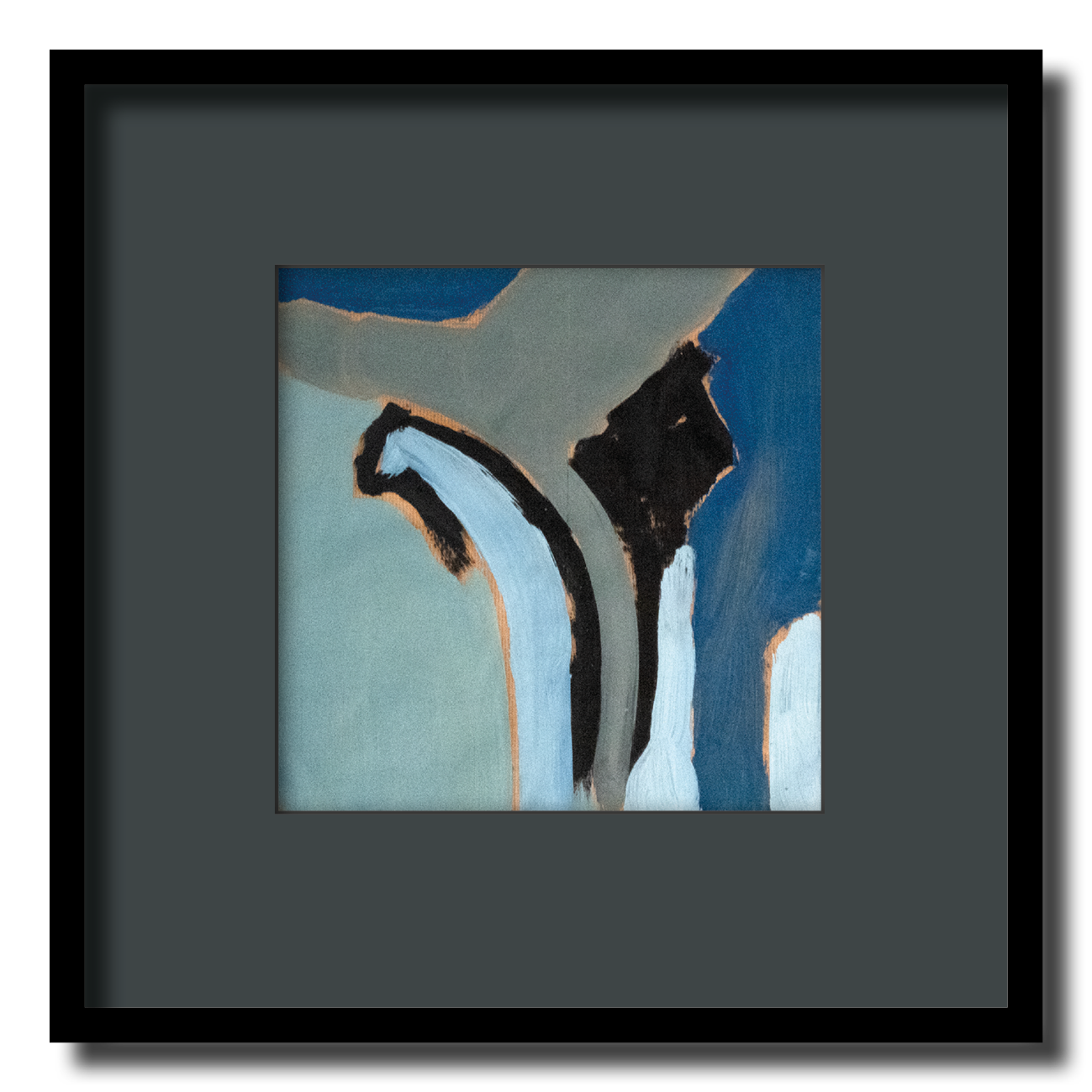 Une peinture abstraite avec des formes fluides et des couleurs bleu, noir, blanc et beige.