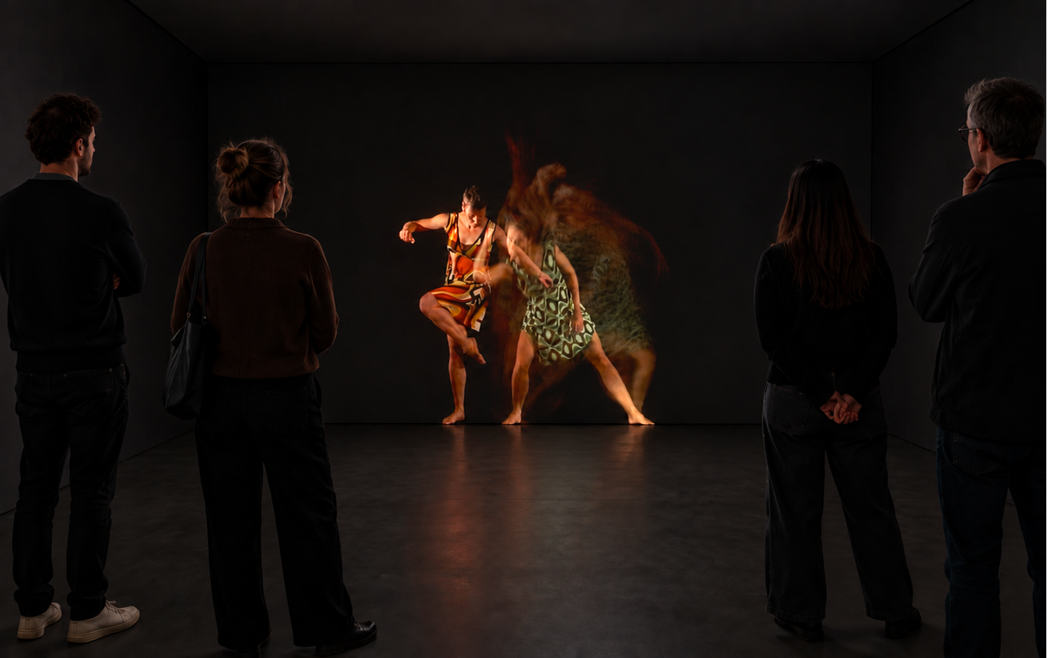 Groupe de cinq personnes regardant une vidéo d'art numérique de deux femmes dansant, avec une projection de mouvement et de couleurs vives sur le mur blanc