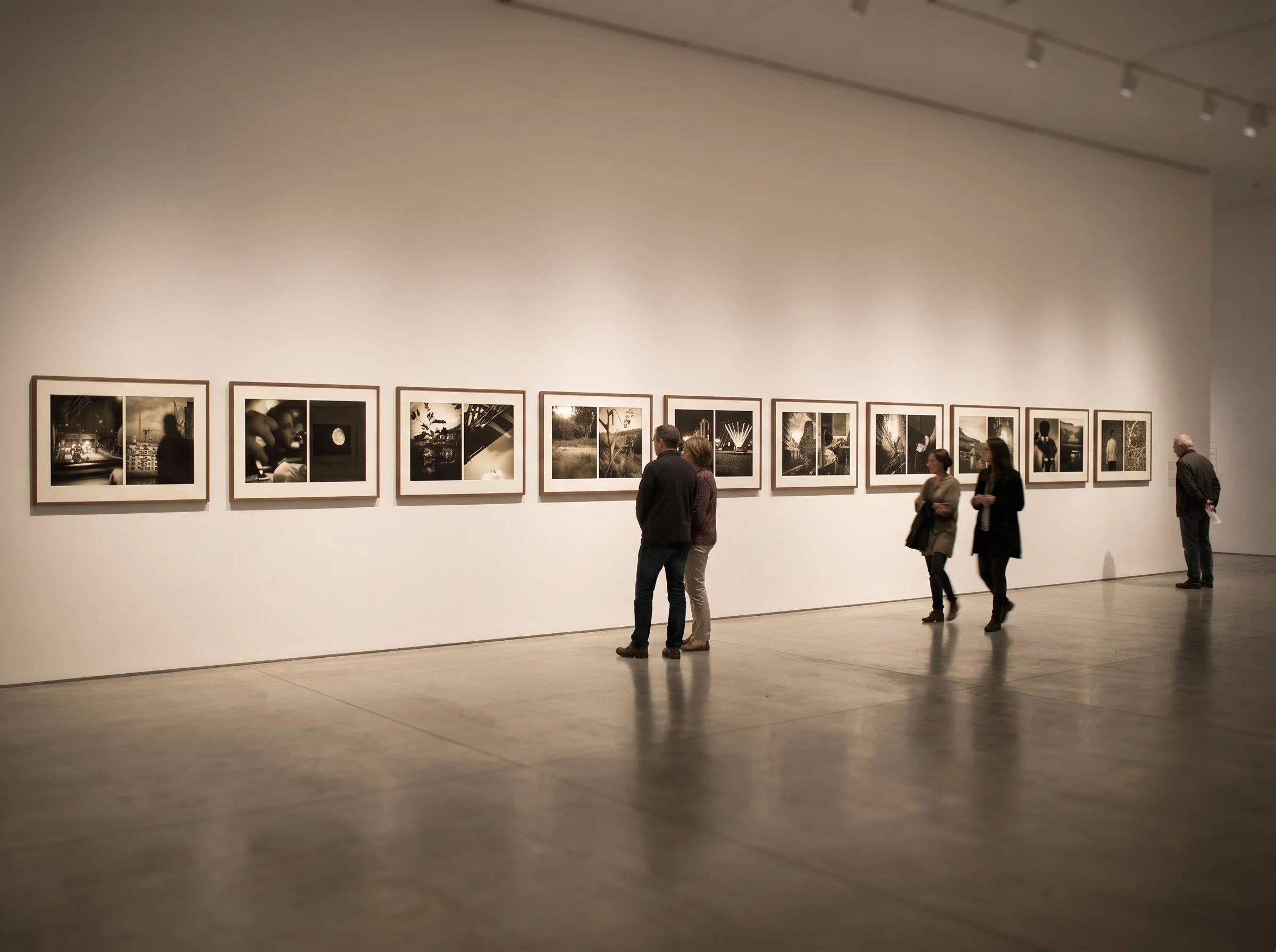Visiteurs observant des photographies en noir et blanc dans une galerie d'art.