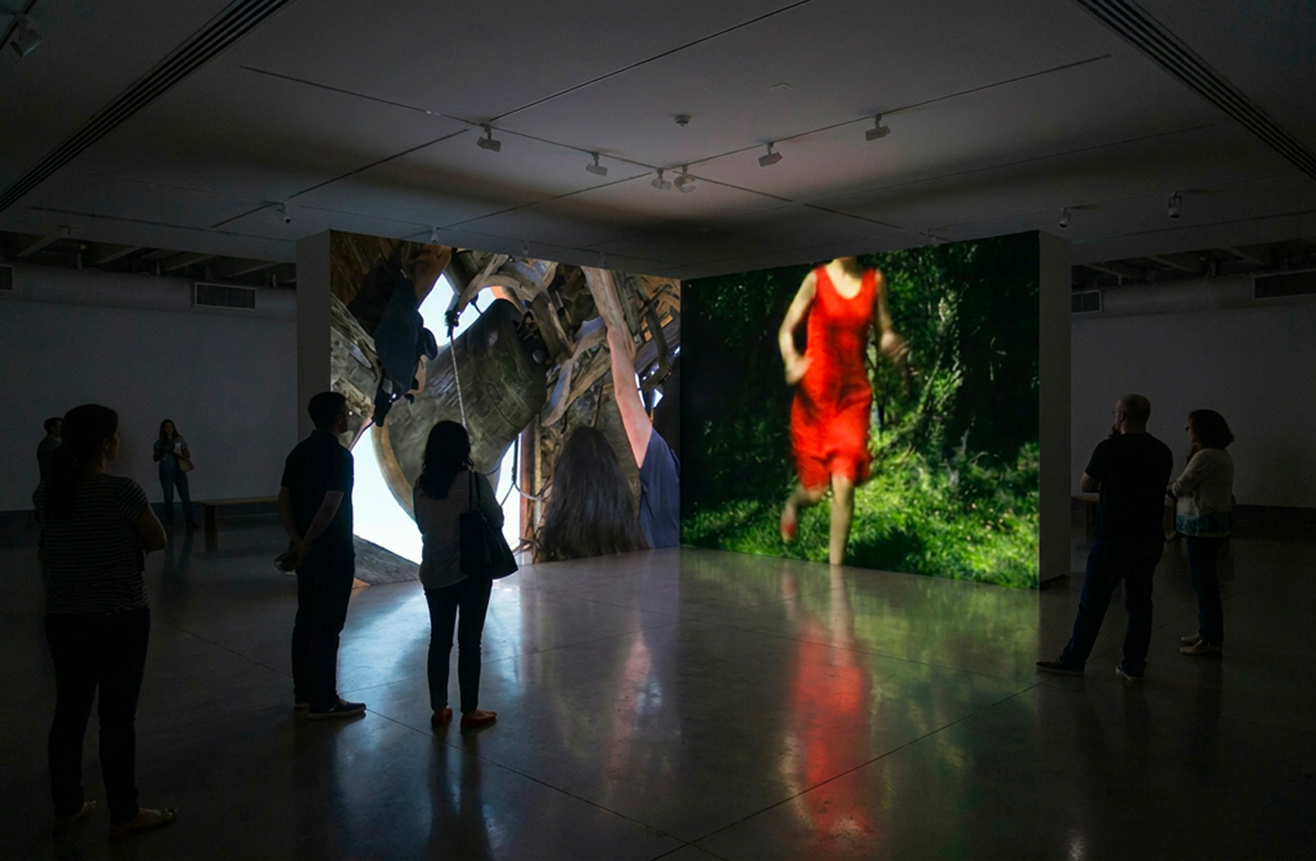 Exposition dans un musée avec deux grands écrans affichant des vidéos ou images, un montrant des personnes escaladant un bateau en bois et l'autre une femme en robe rouge courant dans la forêt, avec plusieurs spectateurs observant.
