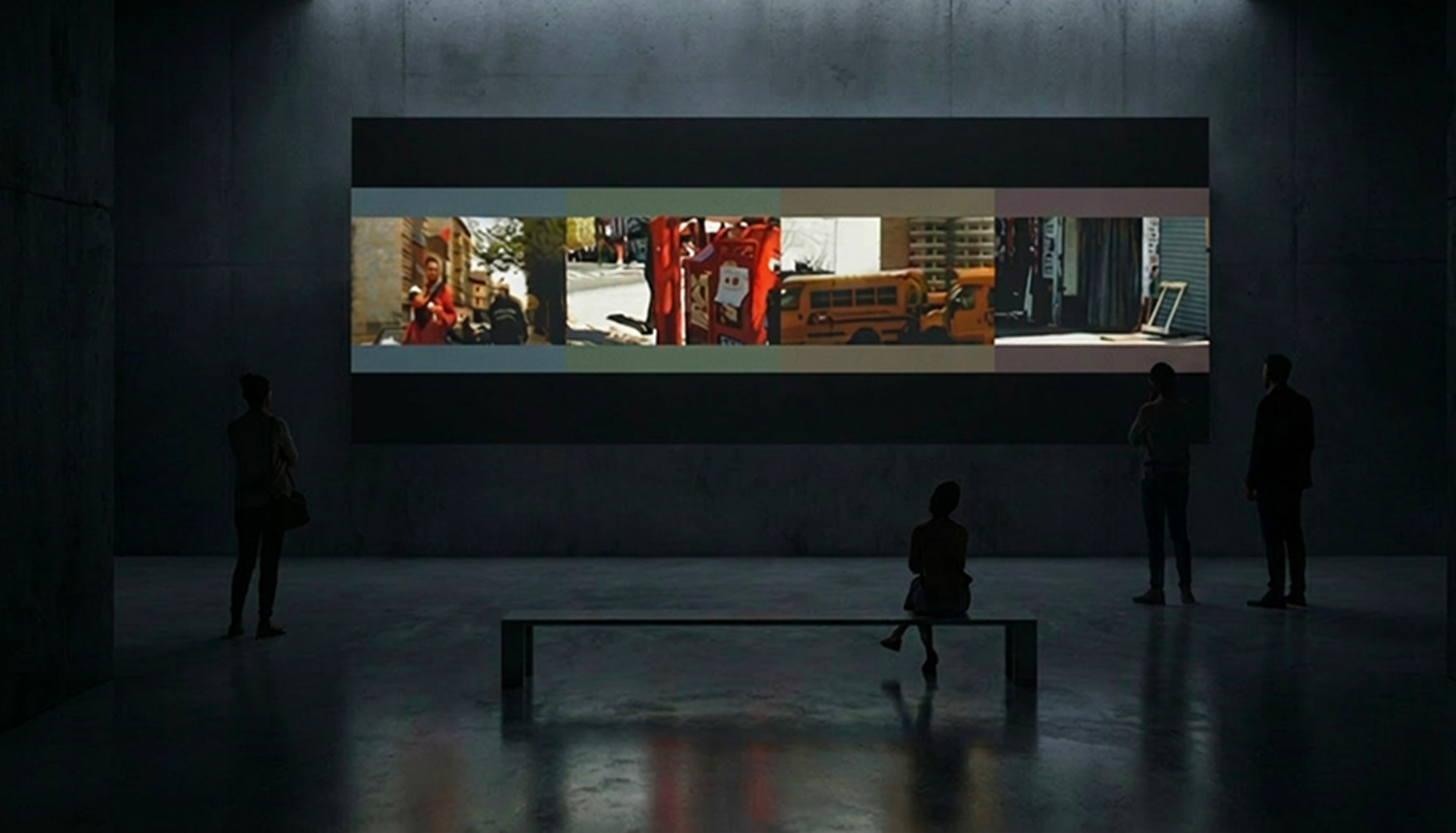 Une installation artistique dans une salle sombre avec un écran montrant une scène urbaine colorée, et plusieurs personnes observant en silence.