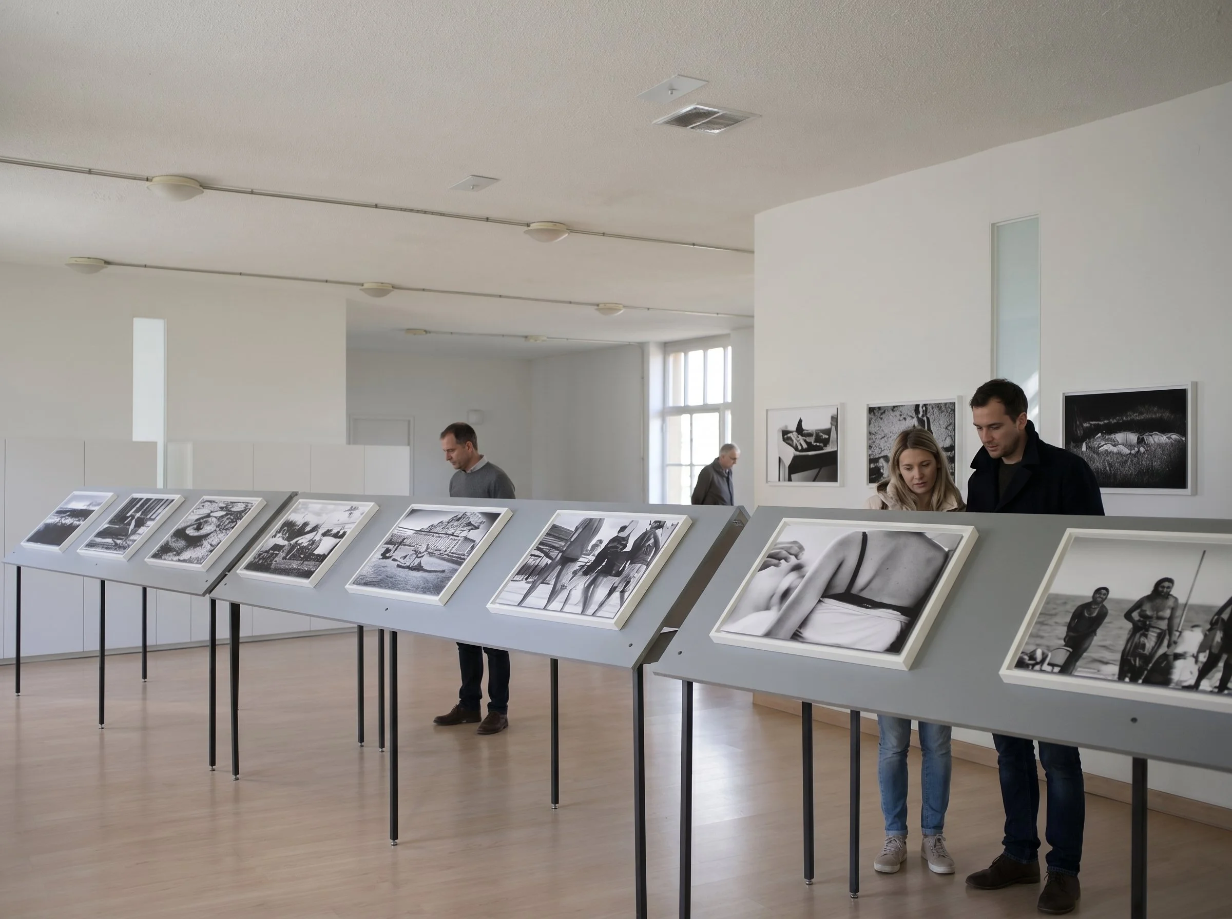 Une galerie d'art avec des visiteurs regardant des photographies en noir et blanc exposées sur des supports inclinés. La pièce est lumineuse avec de grandes fenêtres et des murs blancs.