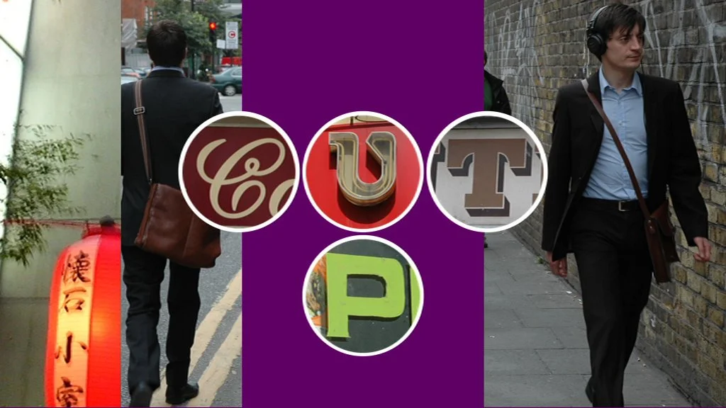 L'image inclut un collage de deux hommes en costume dans la rue, au centre cinq cercles avec des lettres formant le mot 'CULTURE', et un fond violet au milieu.