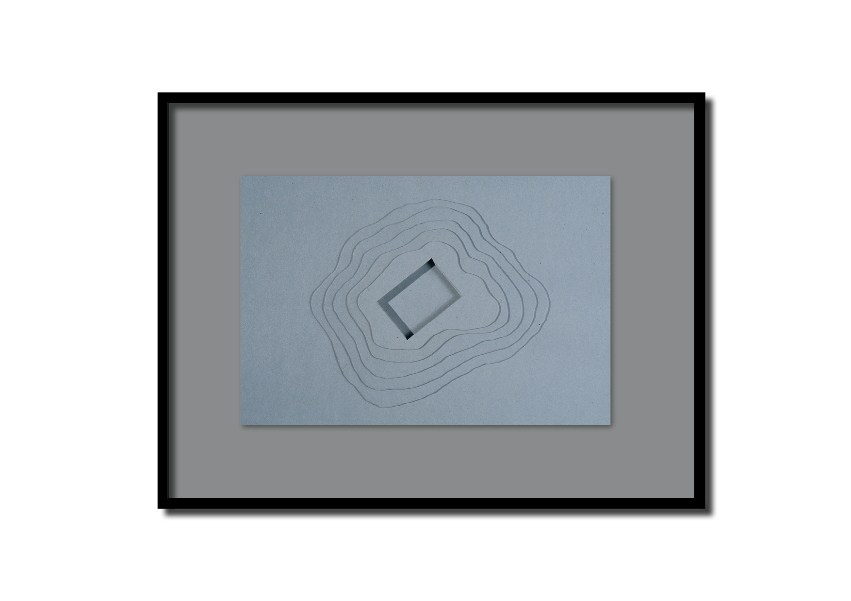 Plan architectural minimaliste avec contours topographiques et un bâtiment rectangulaire au centre.